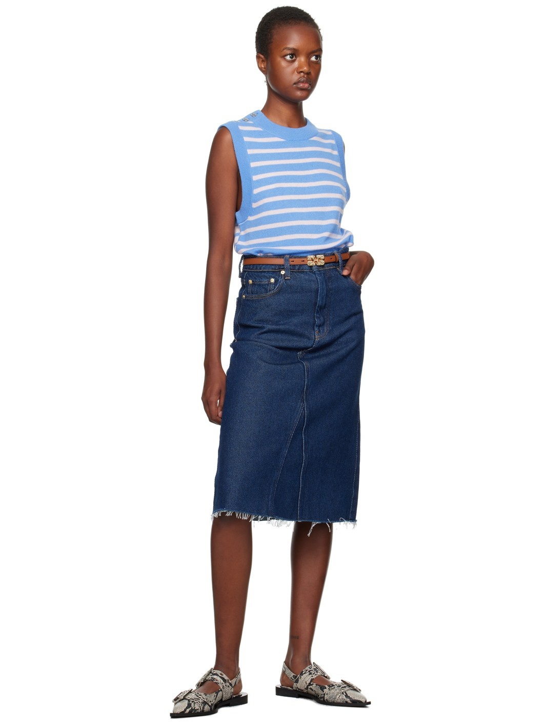 Indigo Raw Edge Denim Midi Skirt - 5