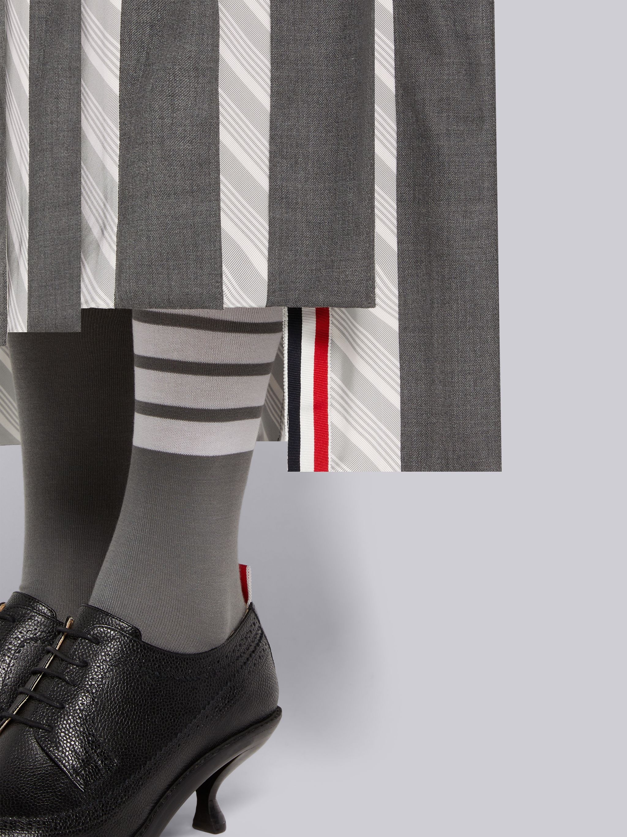 Medium Grey Super 120's Twill Silk Jacquard Pleat Dropped Back Half Pleated Trouser Length Skirt - 5