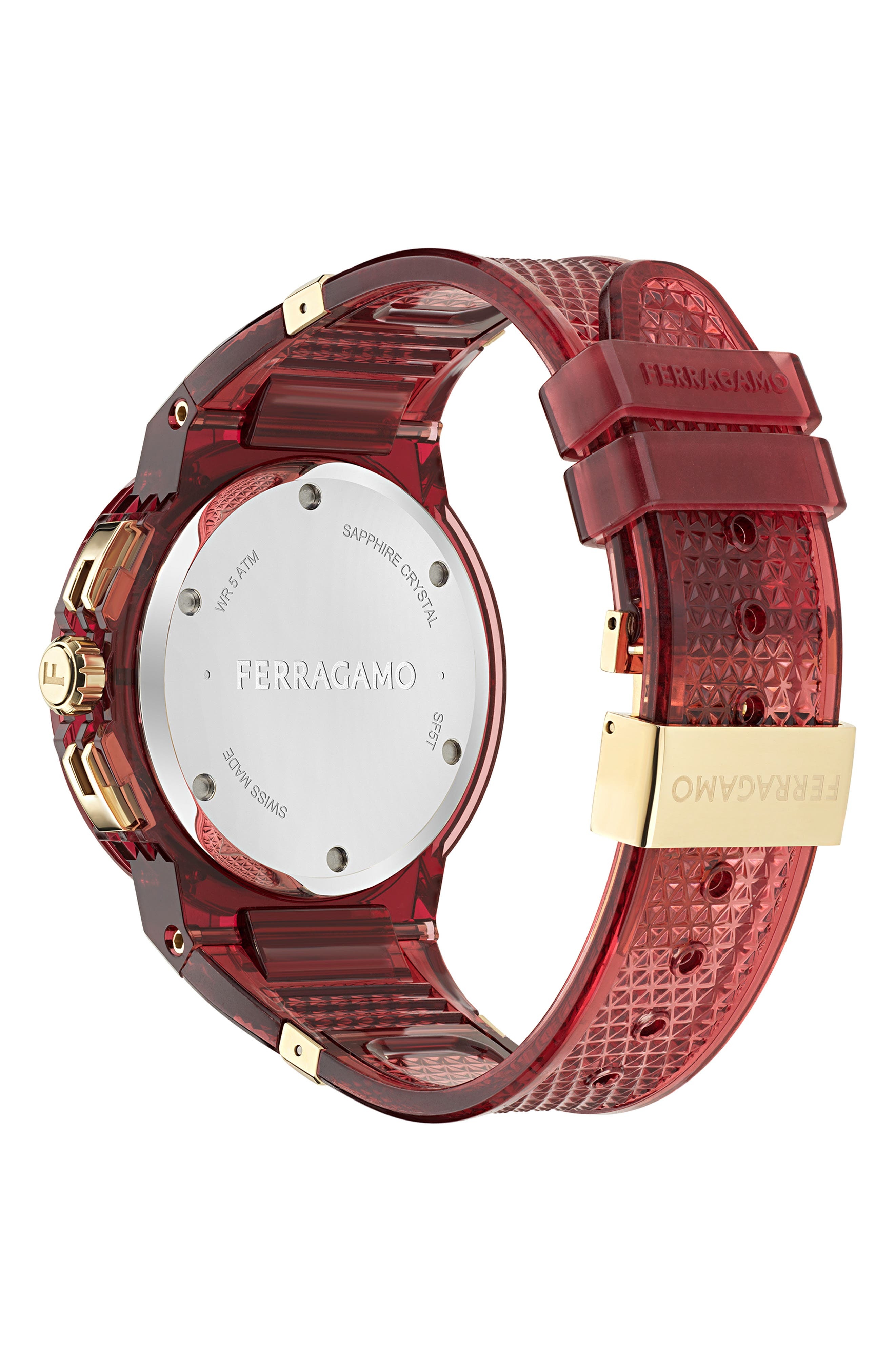 FERRAGAMO F-80 Translucent Chronograph Recycled Polyurthane Strap Watch, 44mm in Burgundy at Nordstr - 3