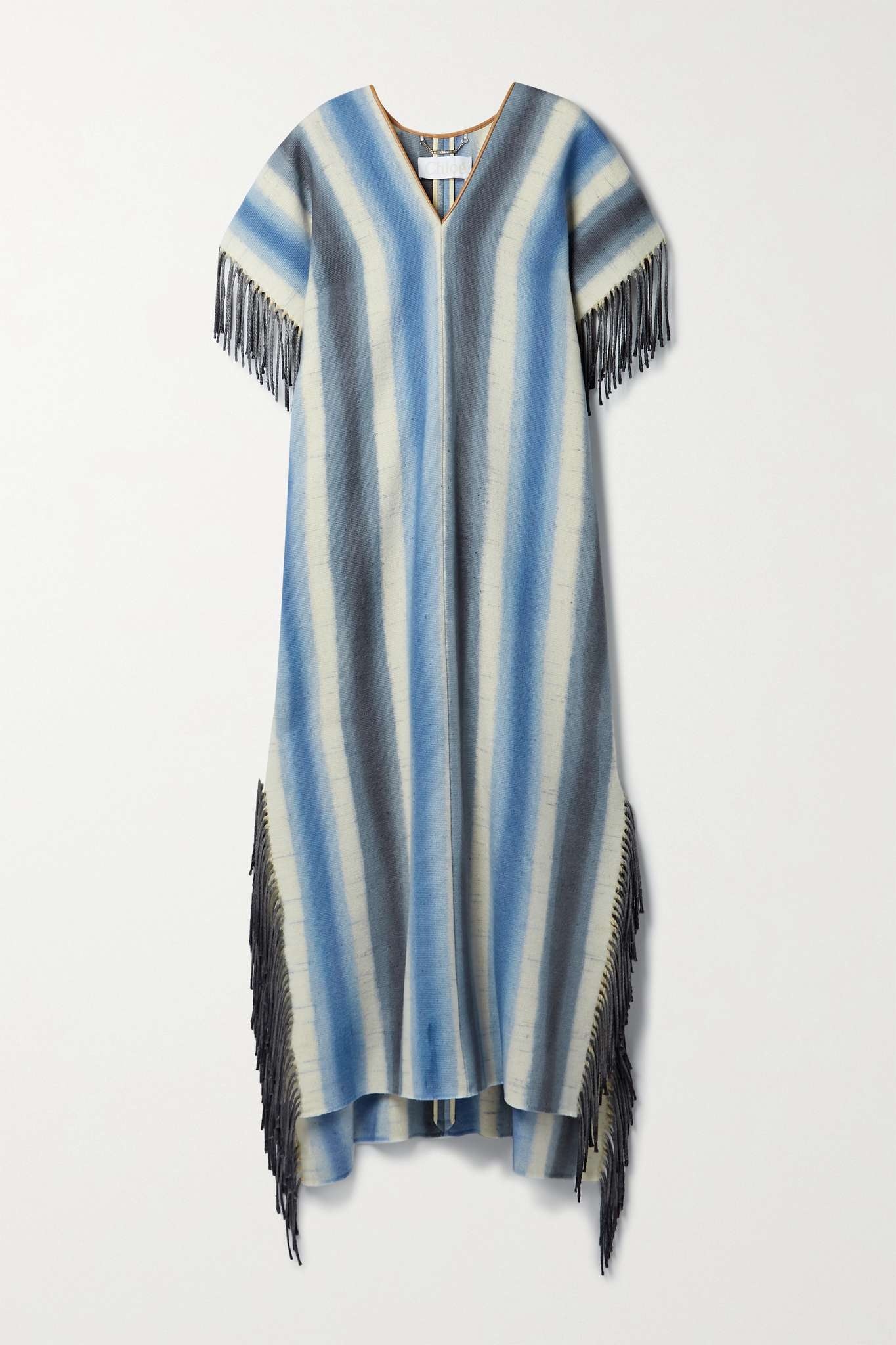 Leather-trimmed fringed striped cashmere and silk-blend poncho - 1