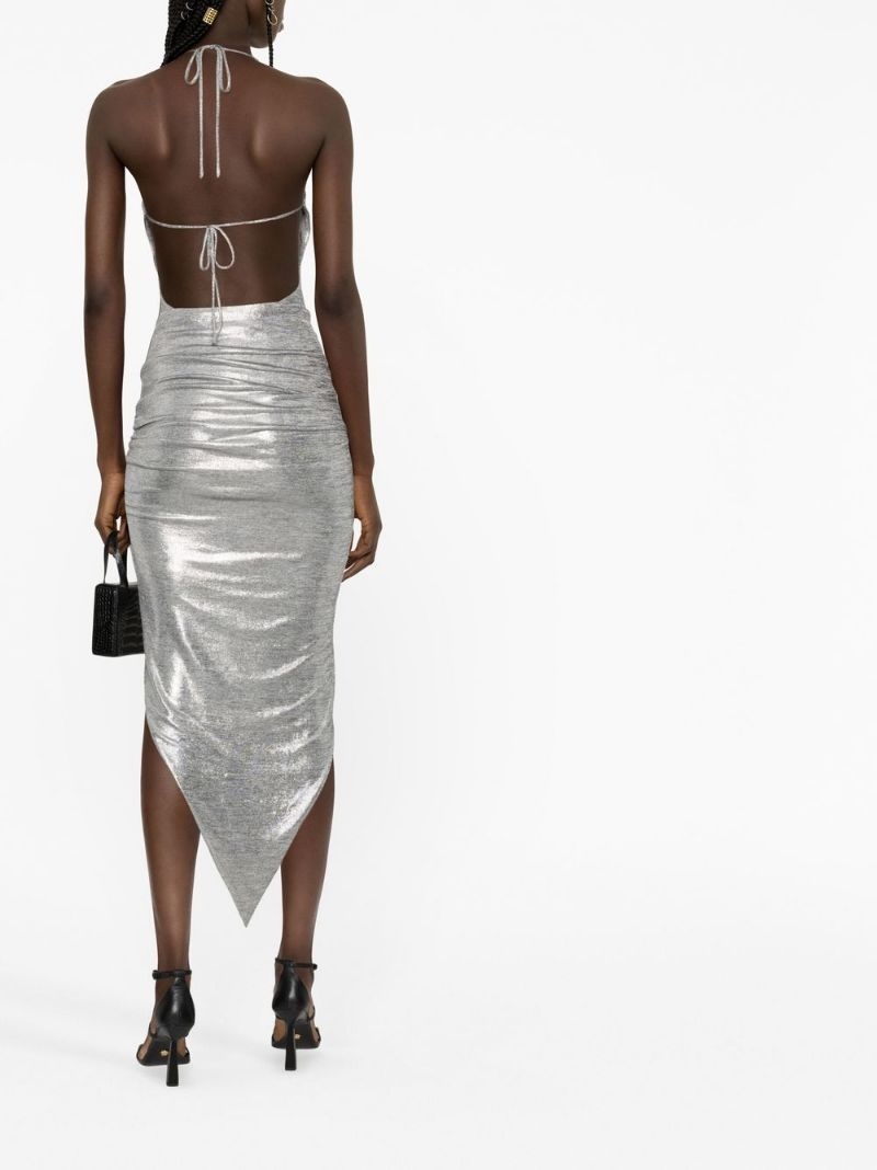 metallic-effect asymmetric draped midi dress - 3