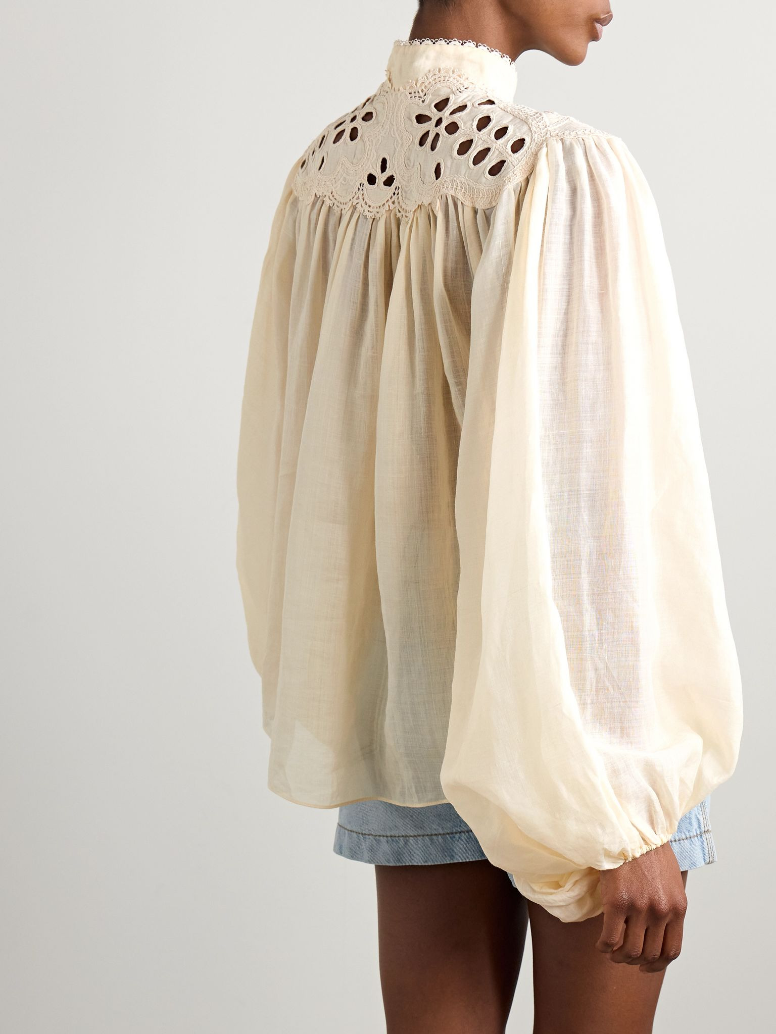 Coco broderie anglaise-trimmed ramie blouse Cream - 4