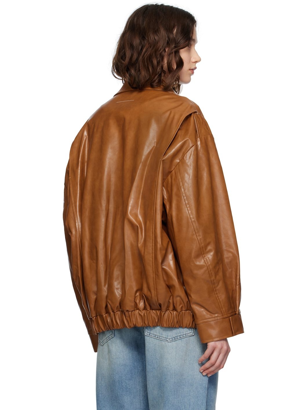 Brown Oversized Faux-Leather Bomber Jacket - 3