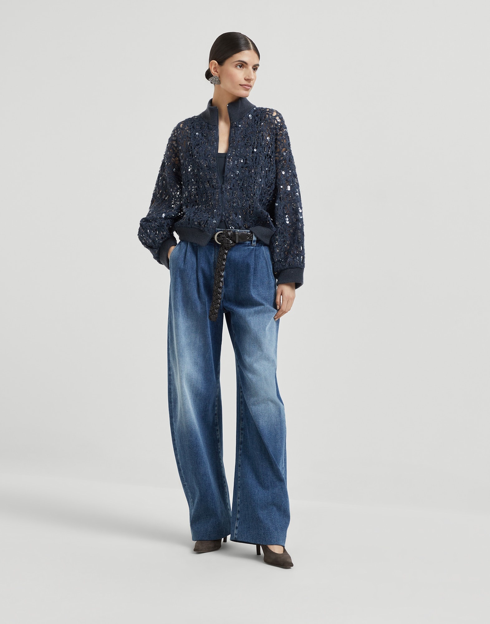 Stretch cotton ribbed jersey top with monili - 5