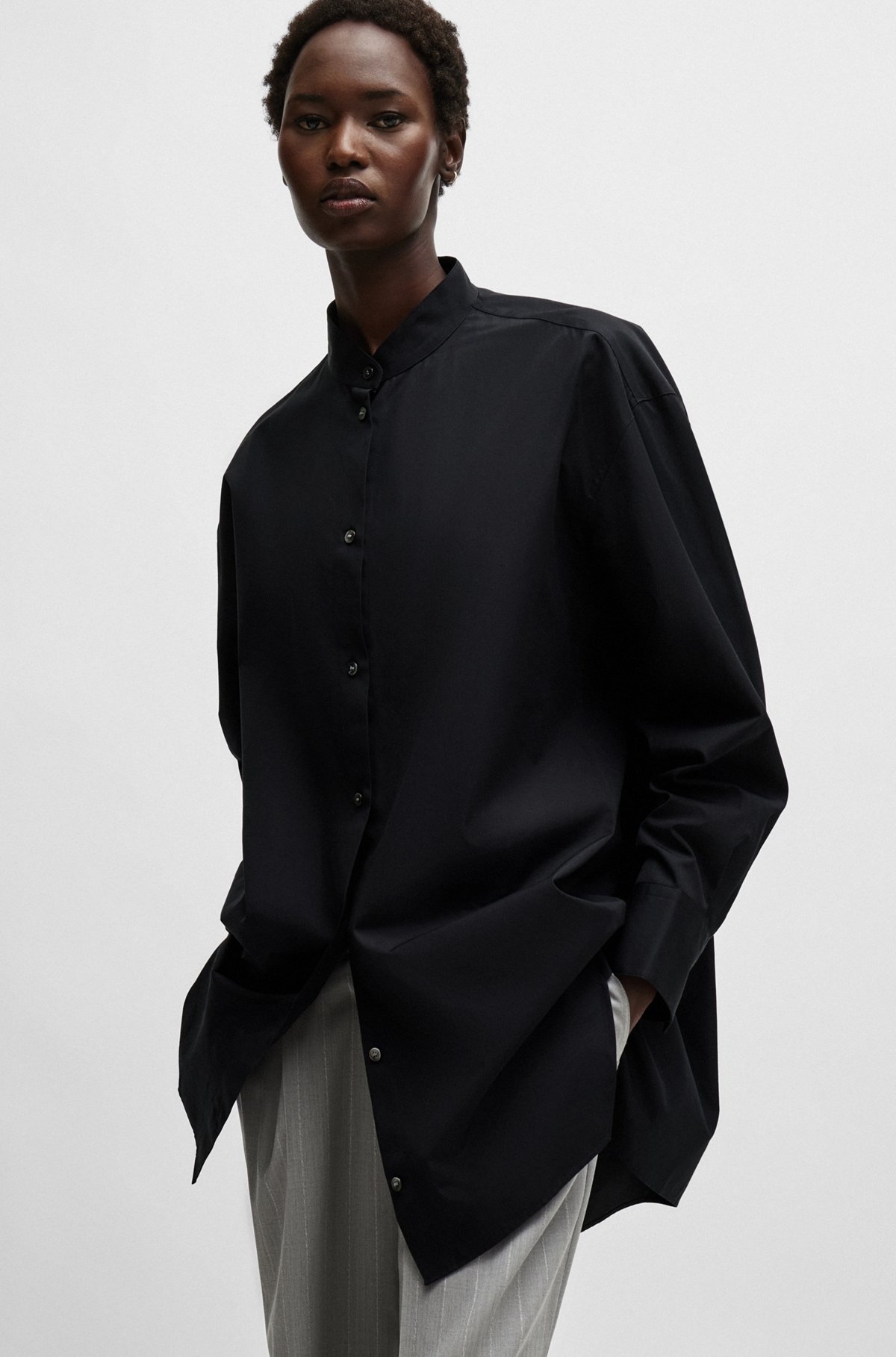 NAOMI X BOSS LONGLINE COTTON BLOUSE WITH CRINKLE-FREE EFFECT - 4