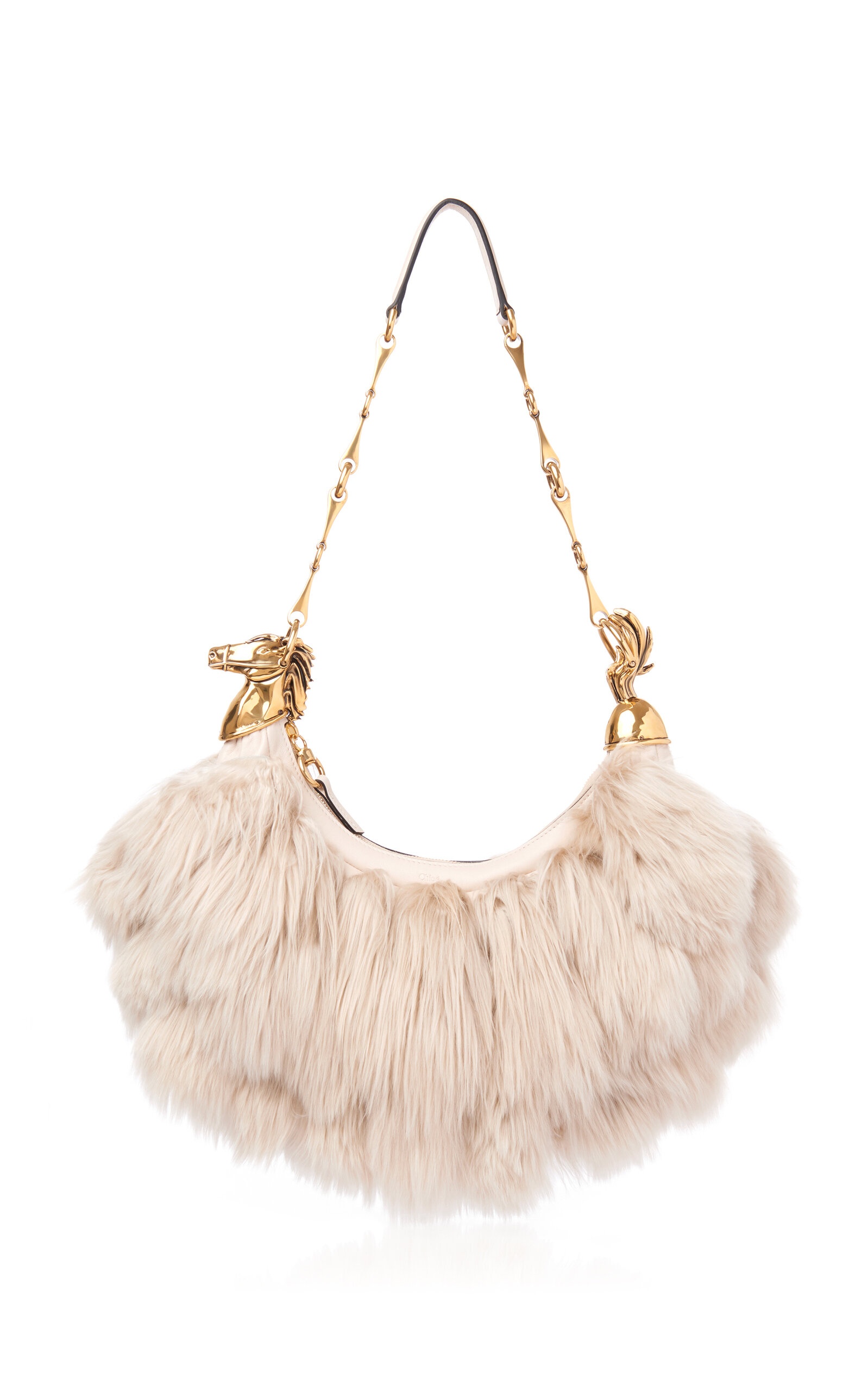 Horse Chain Embroidered Shearling Shoulder Bag white - 1