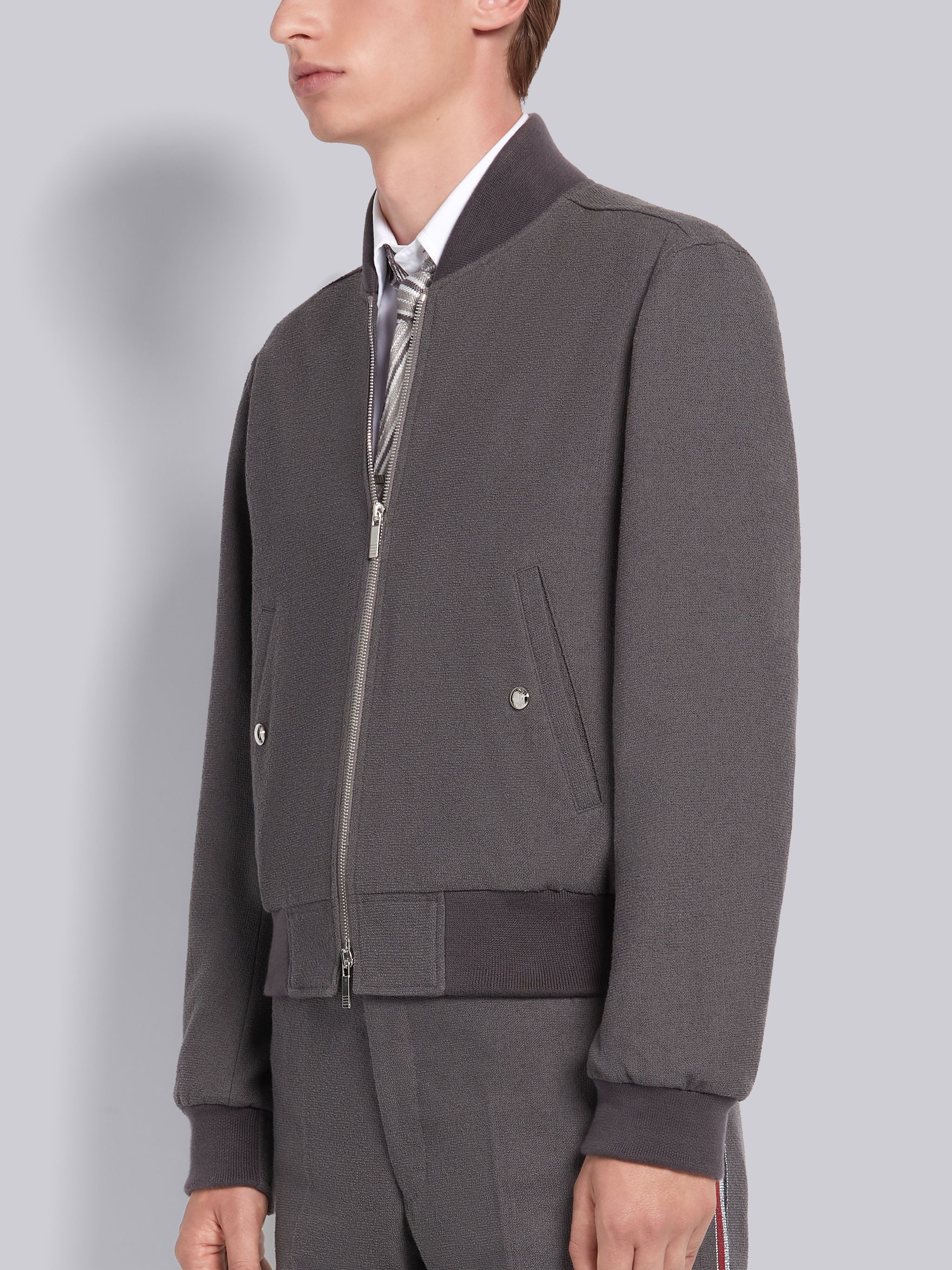 Dark Grey Cotton Boucle Suiting Engineered Center Back Stripe Zip-up Jacket - 3