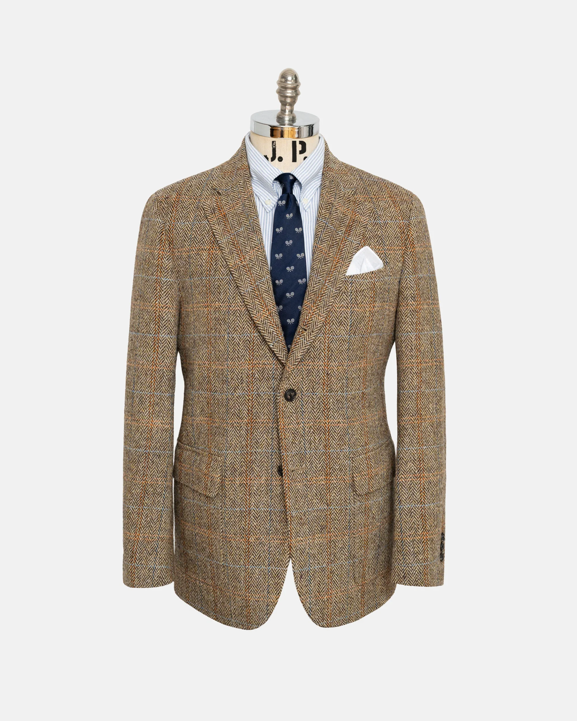 MADE-IN-CANADA TAN HERRINGBONE OVERCHECK HARRIS TWEED SPORT COAT - 1