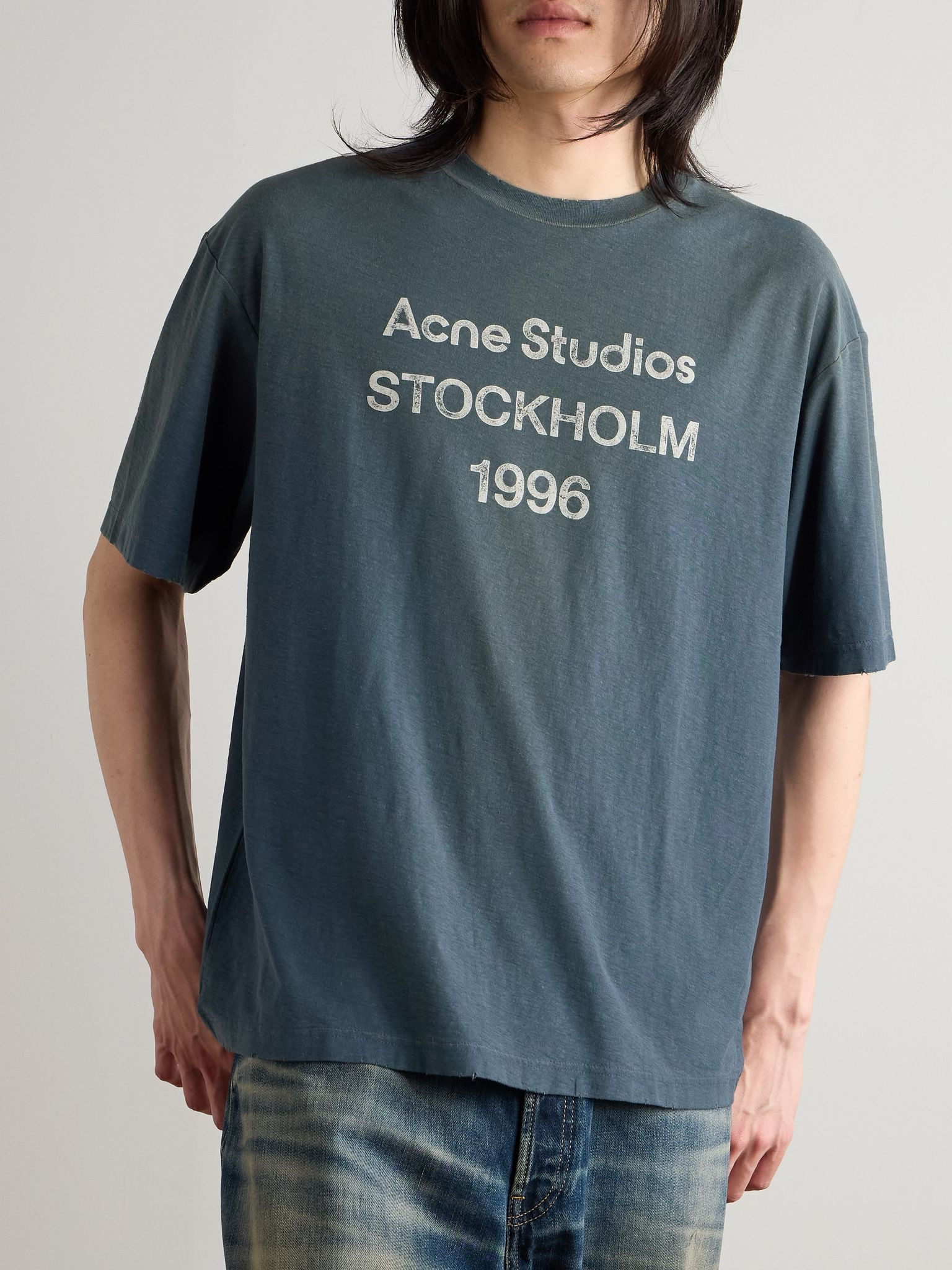 Exford Distressed Logo-Print Cotton and Hemp-Blend Jersey T-Shirt Blue - 3