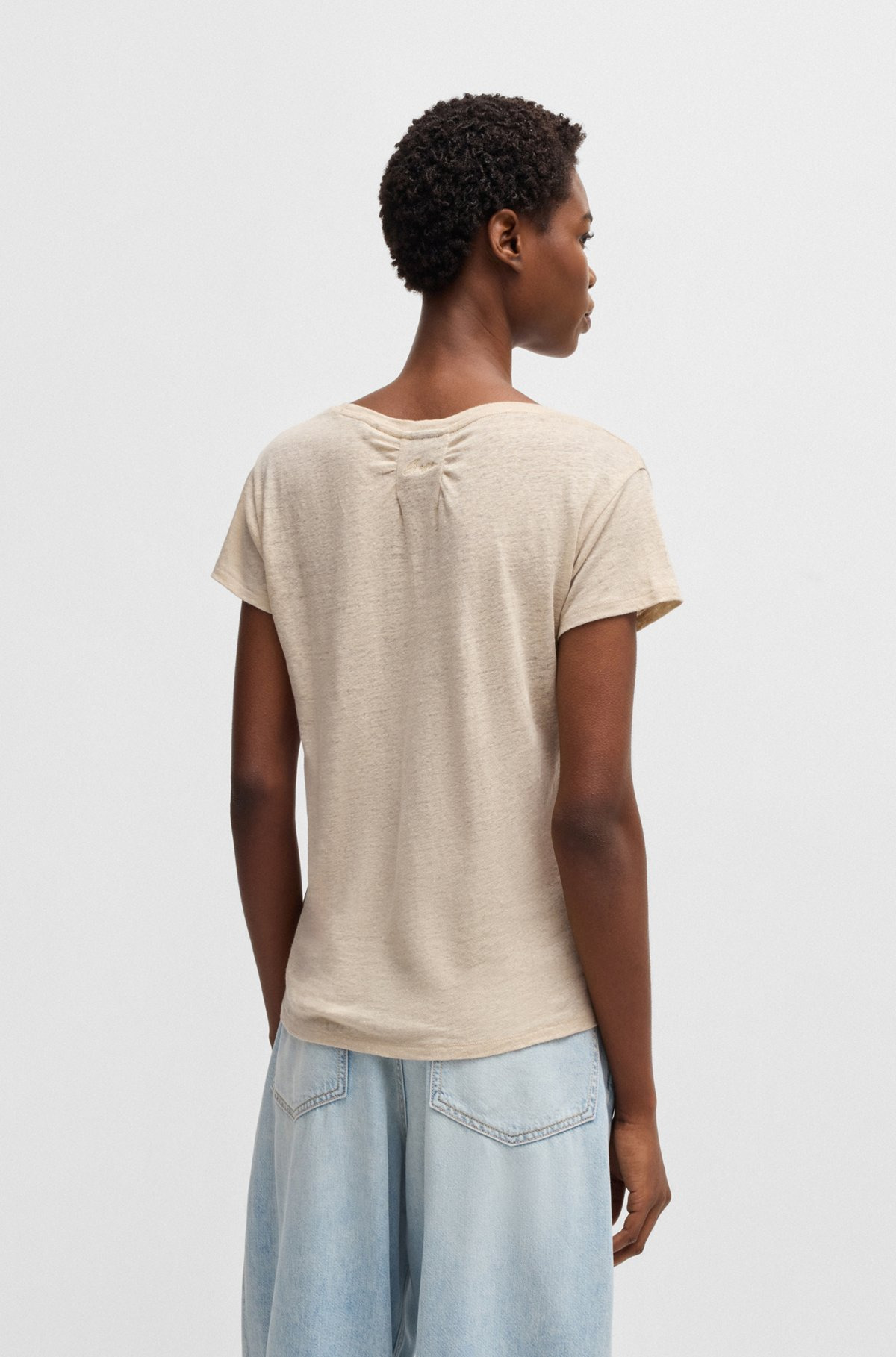 SCOOP-NECK LINEN T-SHIRT WITH GATHERED BACK - 4