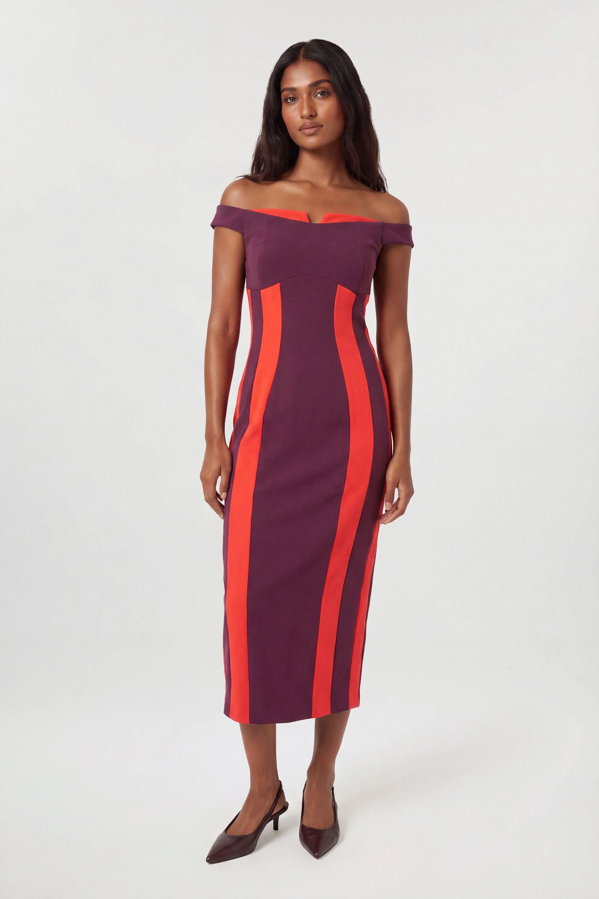 Compact Stretch Colour Block Bardot Midi Dress - 1