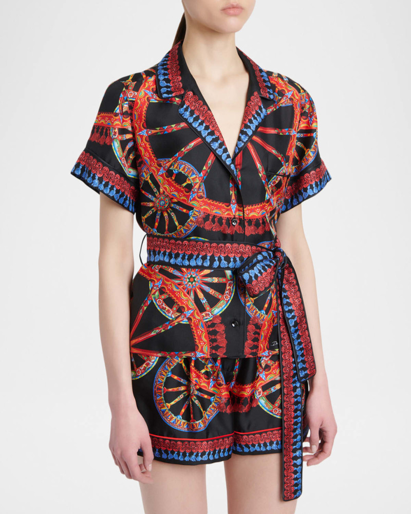 Short-Sleeve Carretto-Print Silk Twill Belted Pajama Shirt 4