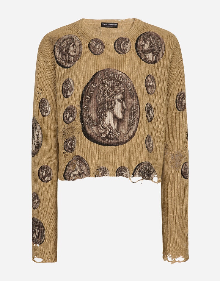 Coin print crew neck linen sweater - 1