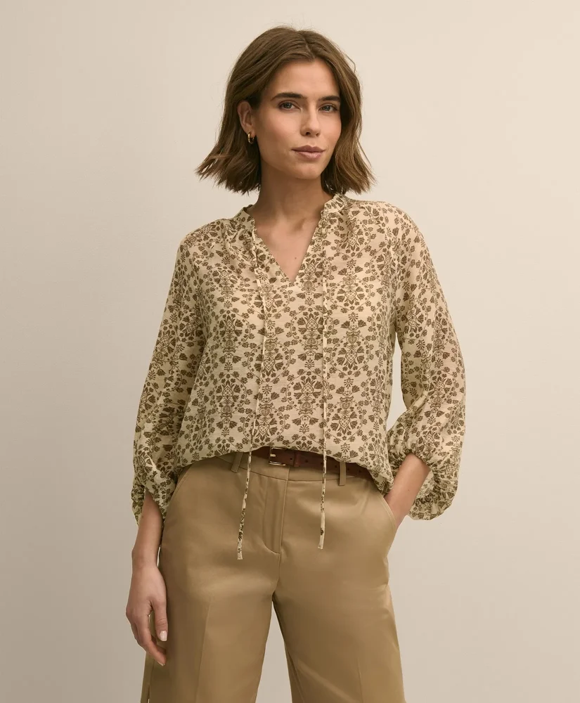 Crinkle Texture Floral Popover Blouse - 1