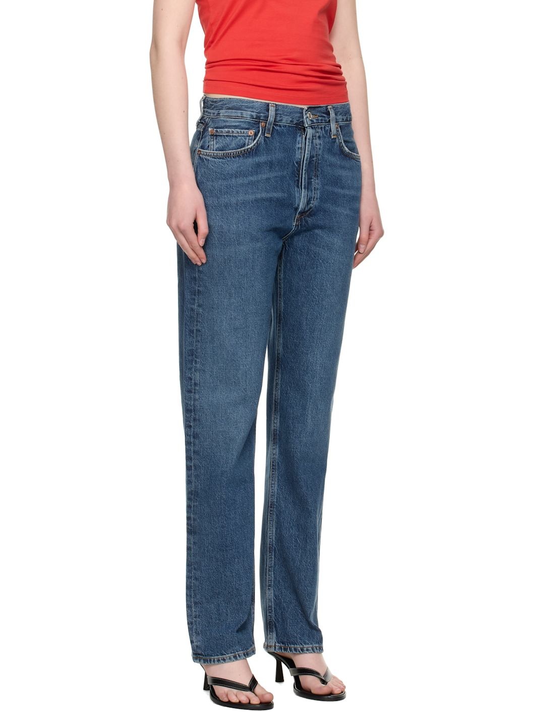 Blue 90's Pinch Waist Long High Rise Straight Jeans - 2