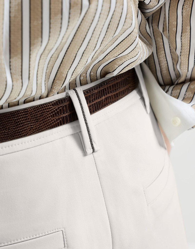 Stretch twisted cotton twill cigarette trousers with monili 4