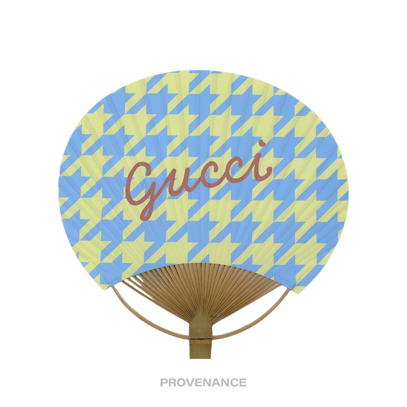 Gucci Logo Bamboo Hand Fan - Houndstooth Yellow Blue - 2