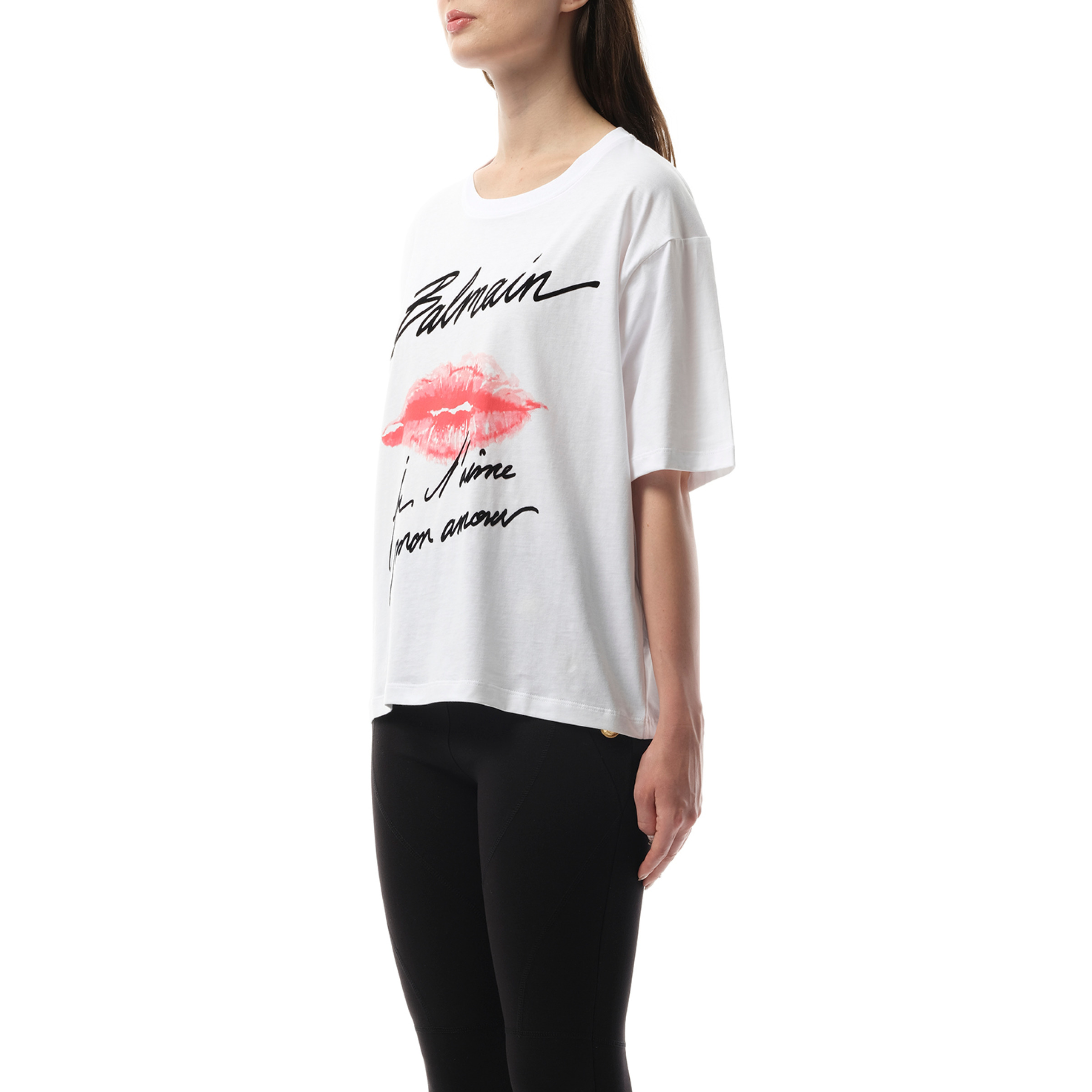 Balmain Kiss Print T-Shirt in White/Black/Red - 5