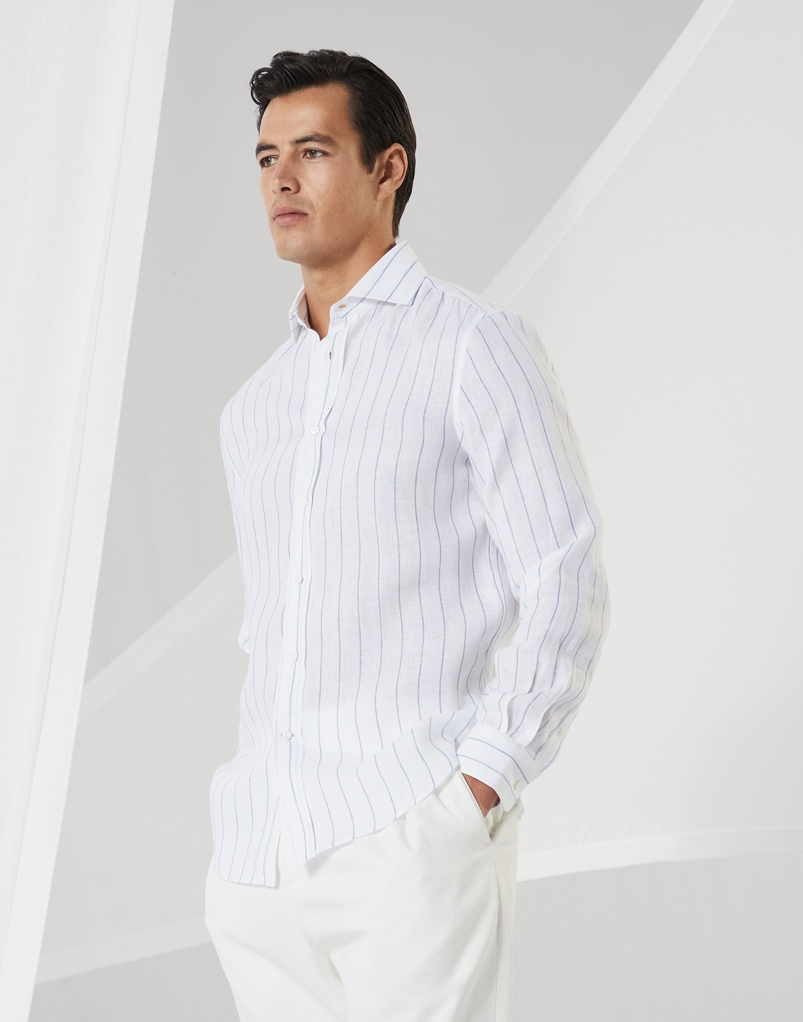 Chalk stripe linen easy fit shirt with spread collar - 1