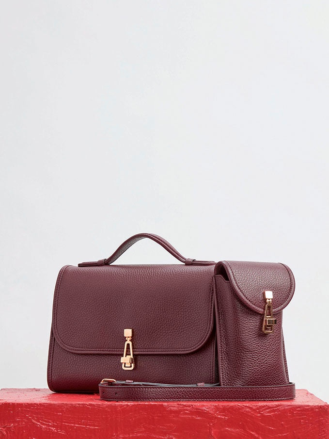 Medium Leonora Flap Bag in Bordeaux Textured Leather - 5