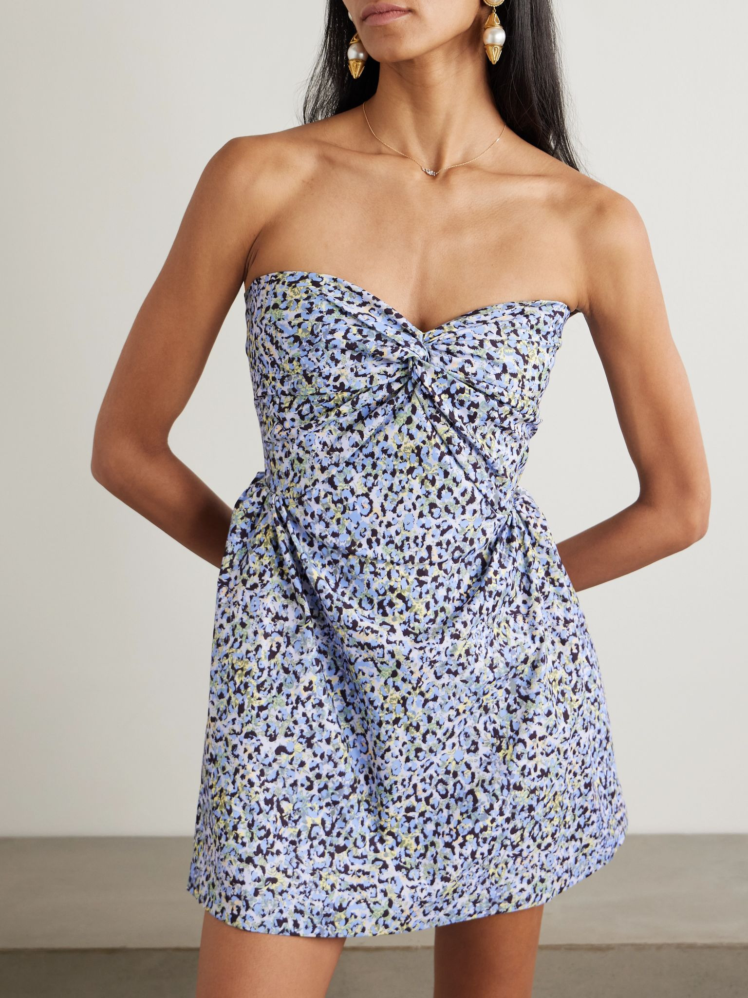 Rossy strapless gathered printed twill mini dress Blue - 3