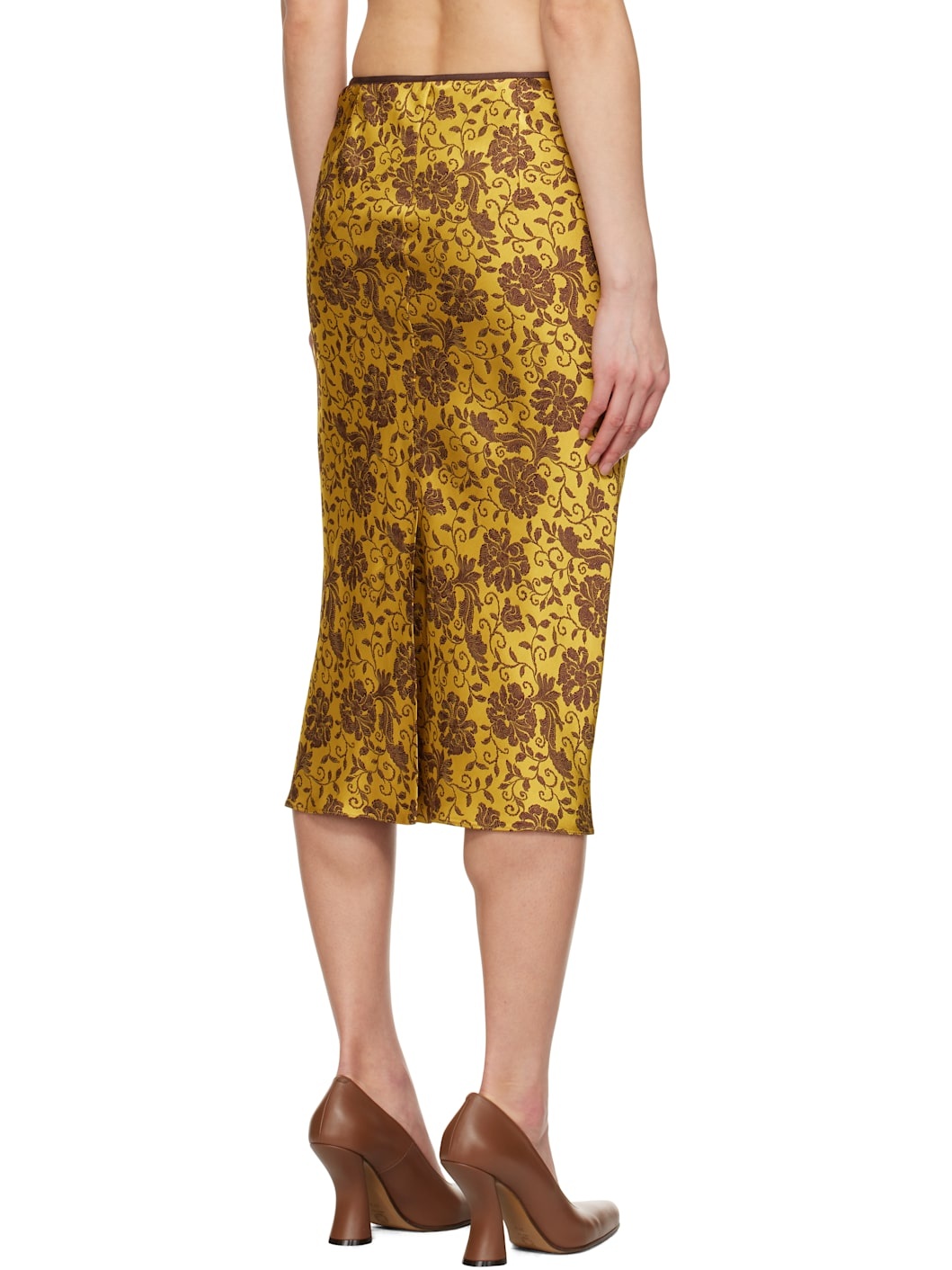 Yellow & Brown Damask Midi Skirt - 3