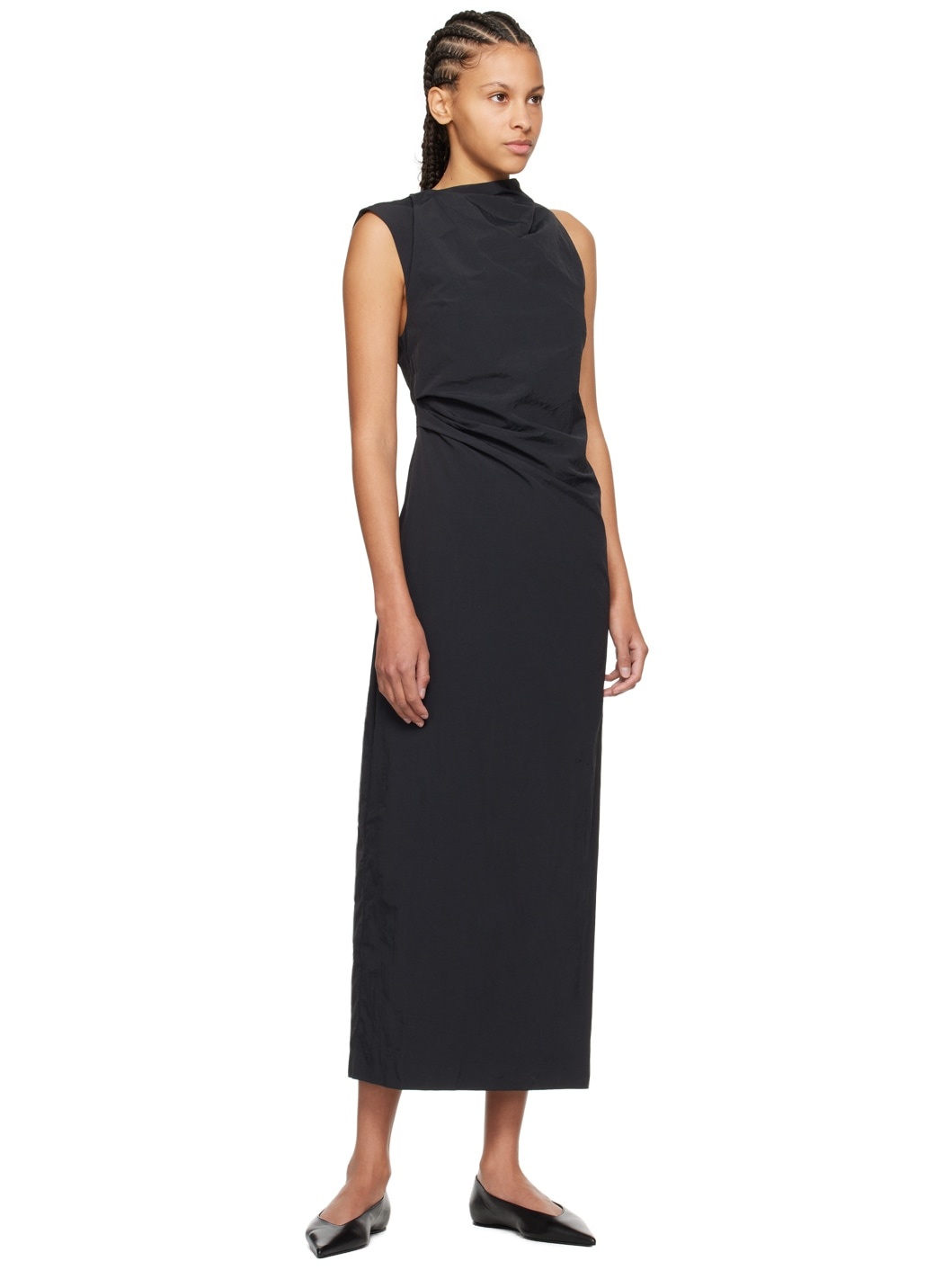 Black Asymmetric Neck Midi Dress - 4