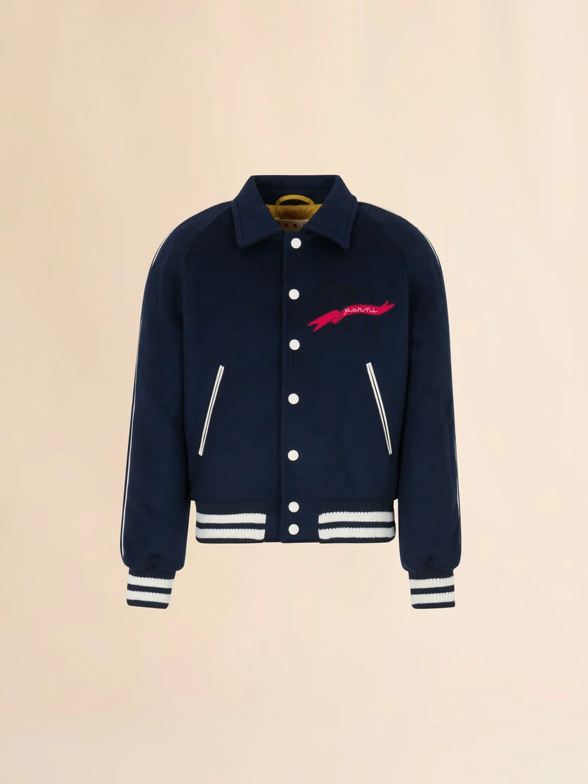 DEEP BLUE FELT BOMBER JACKET WITH EMBROIDERED MARNI FLAG PATCH - 1