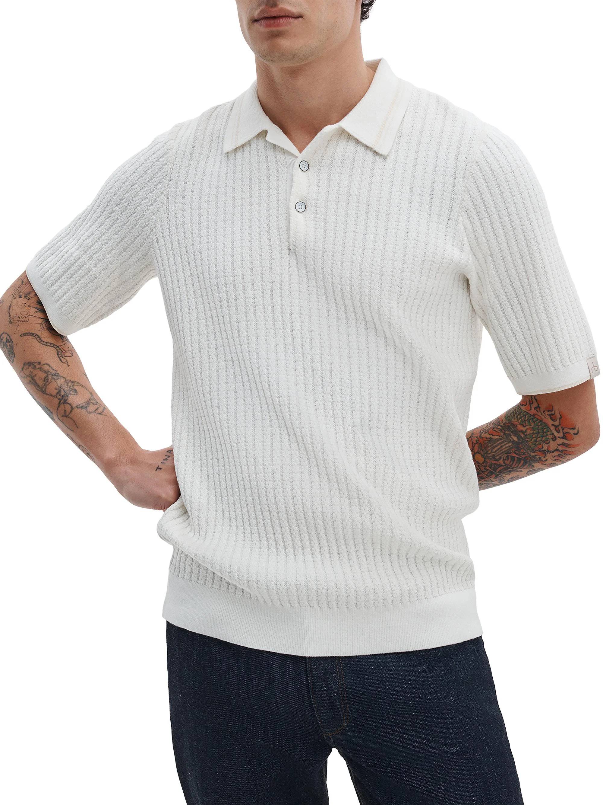 Men's Harvey Rib-Knit Cotton-Blend Polo Shirt - Chalk - 1