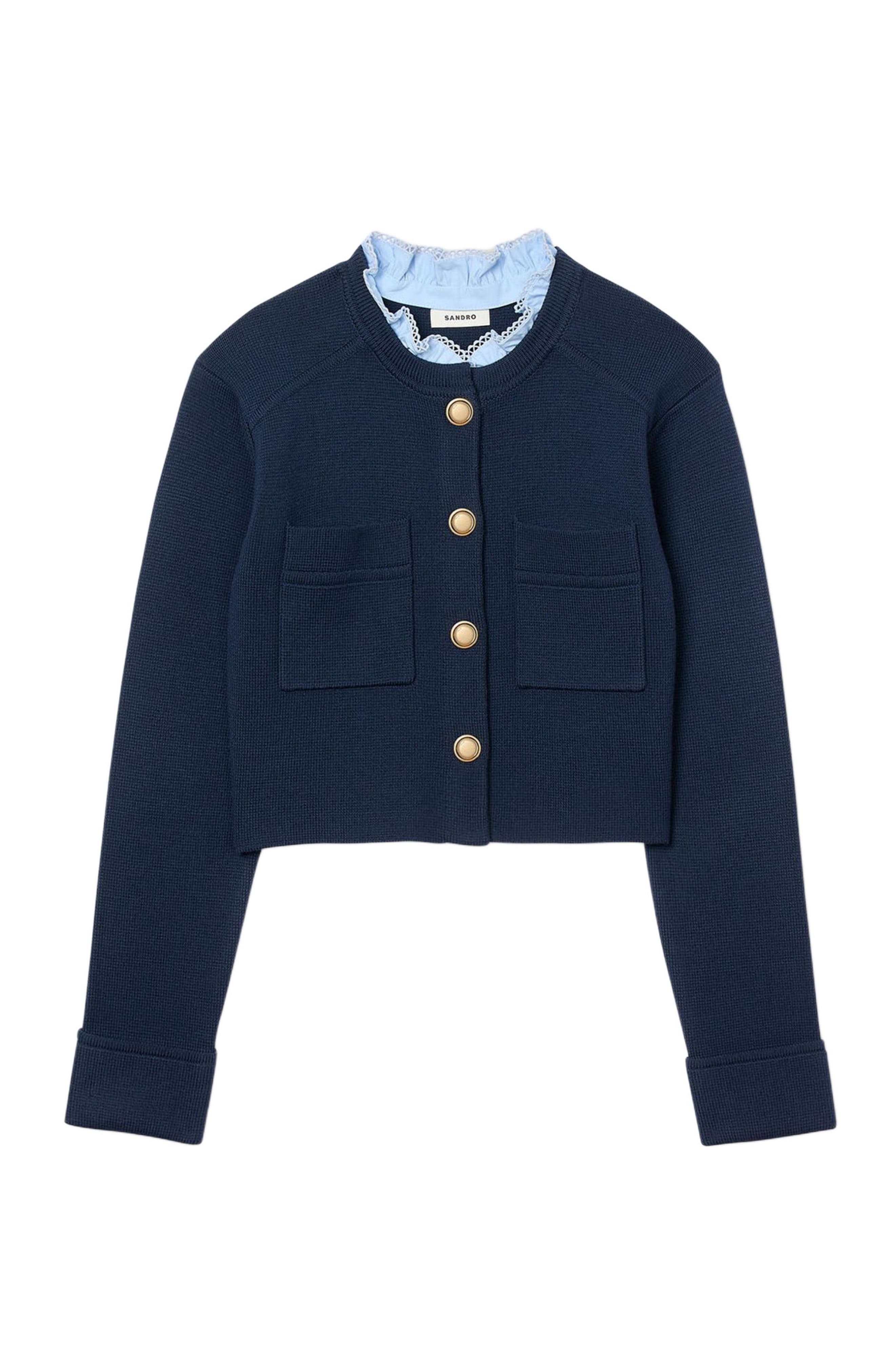 SANDRO Cardigan with ruffle collar in Navy Blue at Nordstrom - 5
