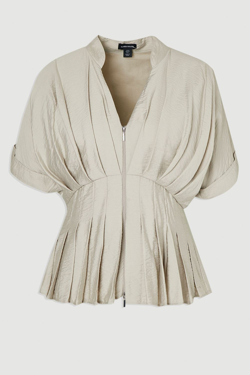 Pleated Neck Tie Detail Woven Short Sleeve Shirt 4