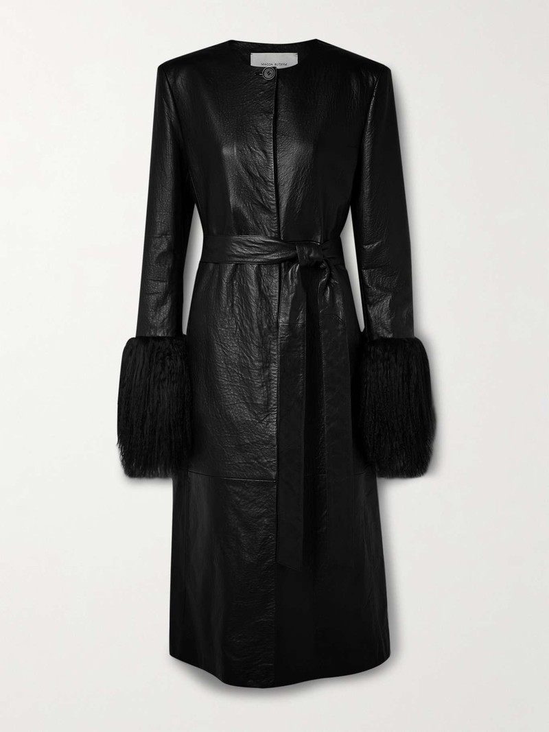 Belted faux fur-trimmed textured-leather coat - 1