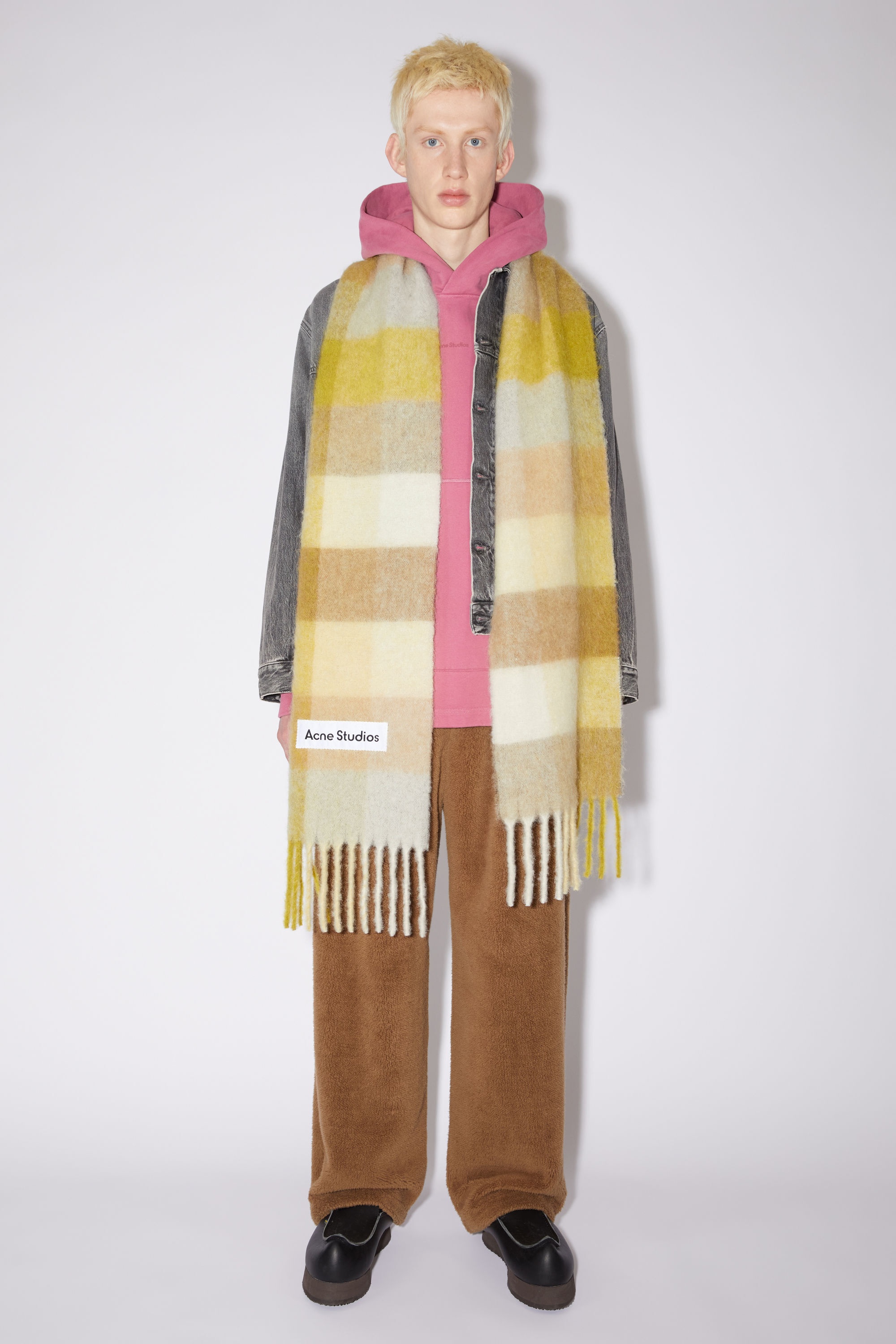 Checked wool fringe scarf - Pastel yellow/cream beige - 3