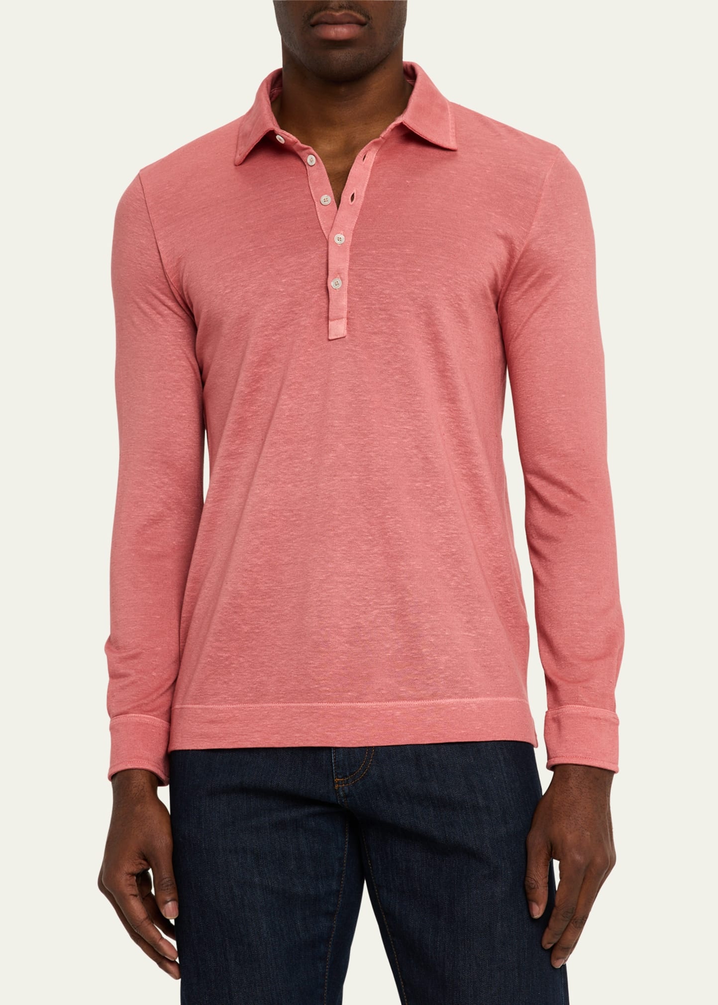 Men's Raya Linen and Cotton Long-Sleeve Polo Shirt - 4