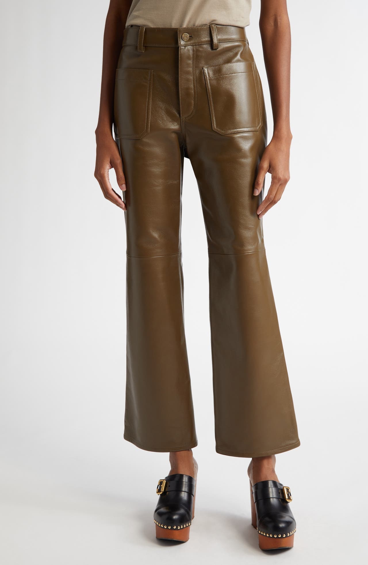 Chloé Ankle Bootcut Leather Pants in Deep Olive at Nordstrom - 1