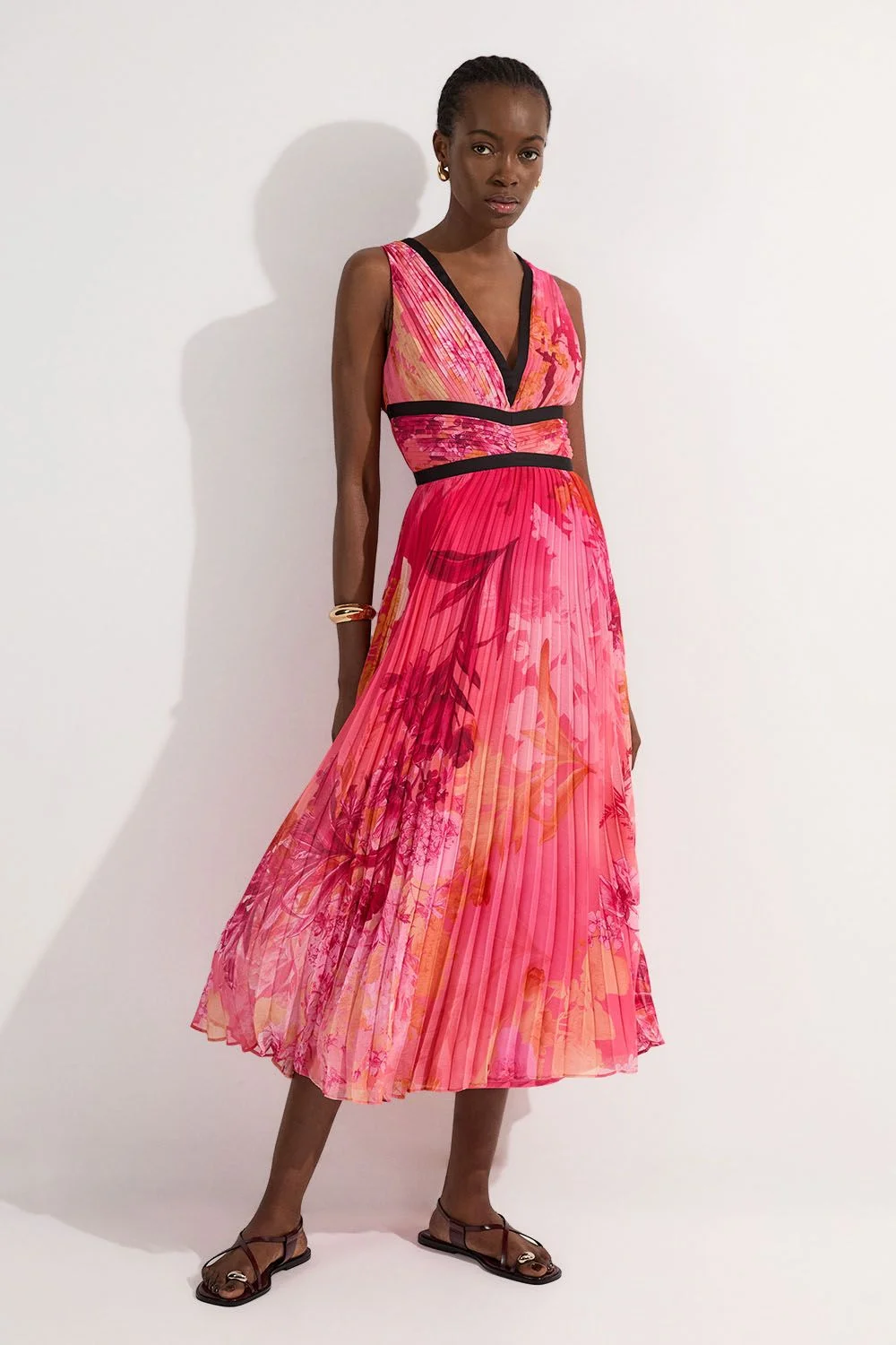 Pleated Floral Bodice Detail Woven Maxi Dress - 1