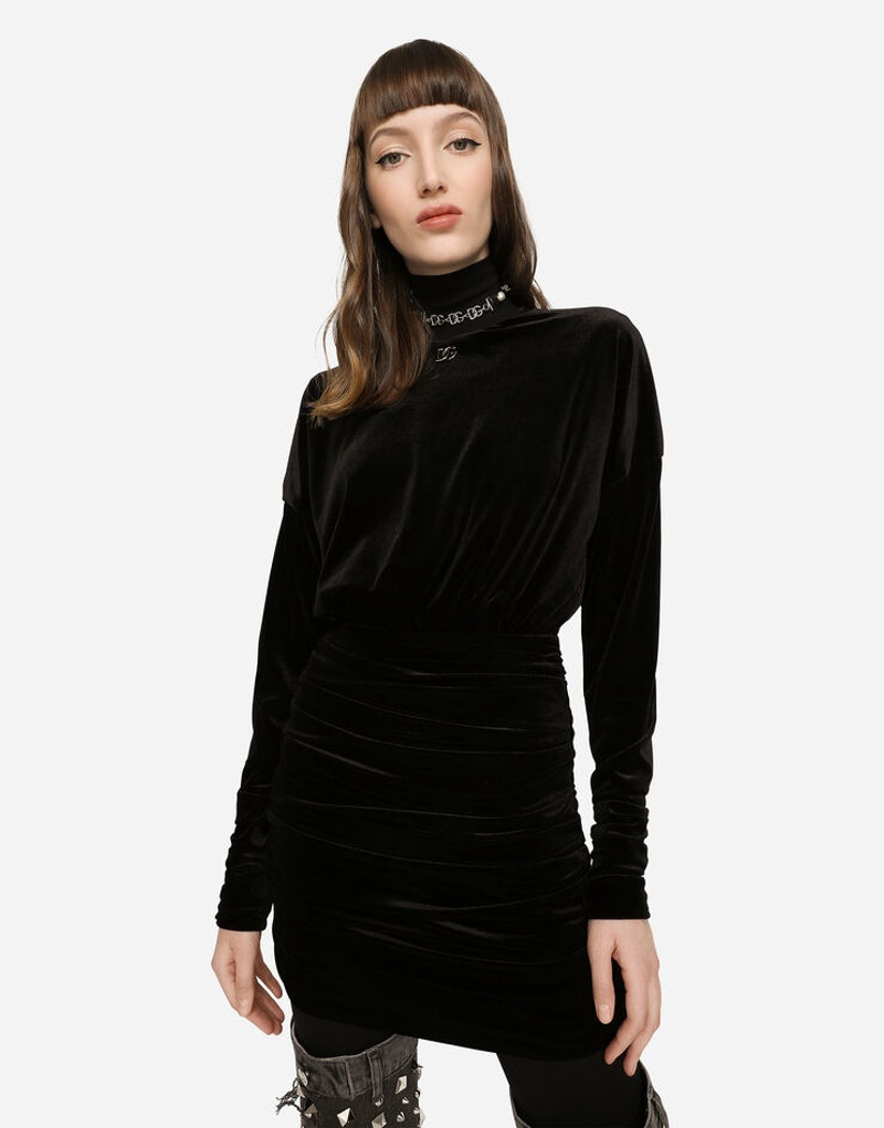 Short draped velvet dress with DG logo - 1