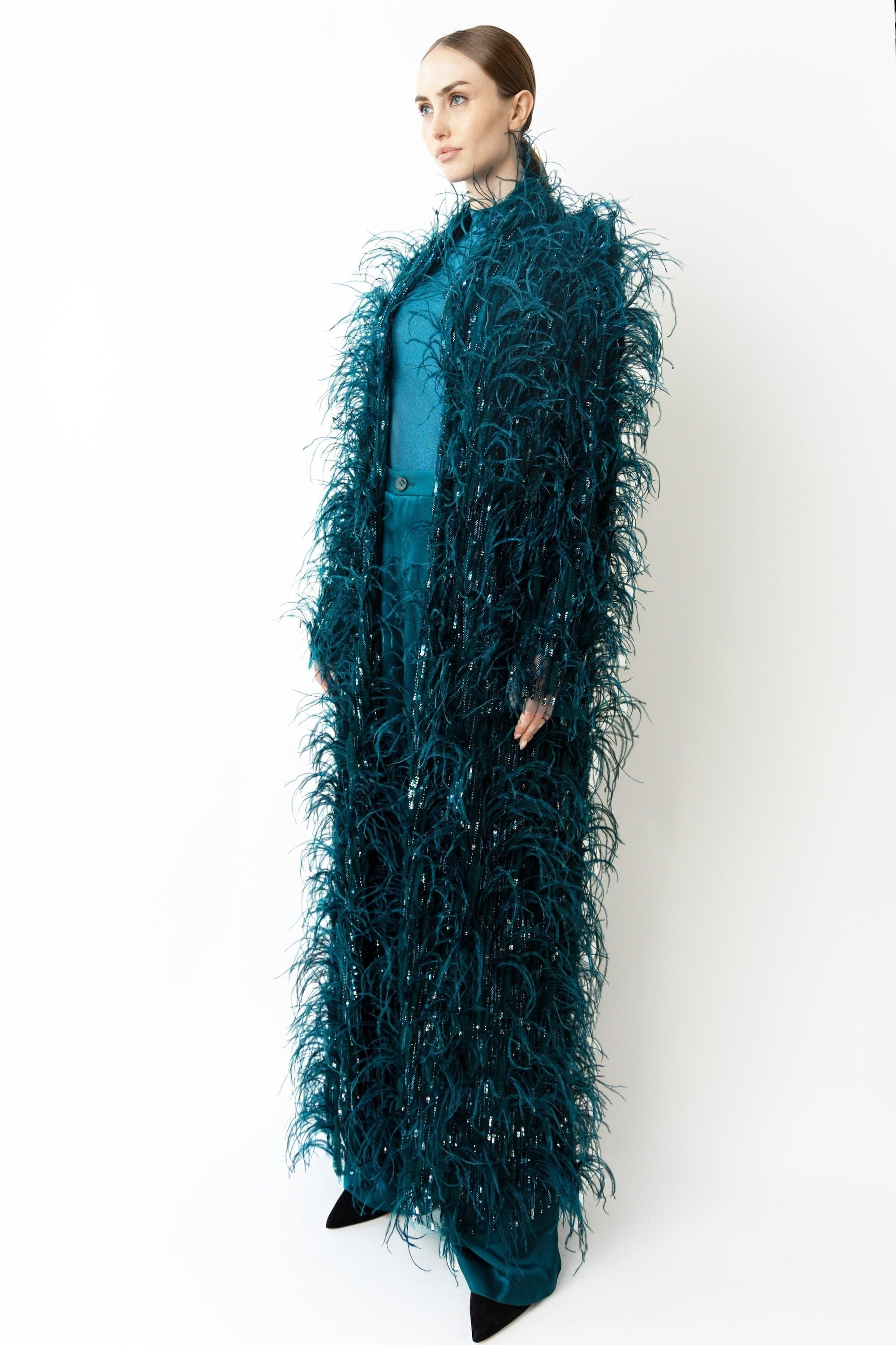 Cascading Feather Embellished Coat - 3