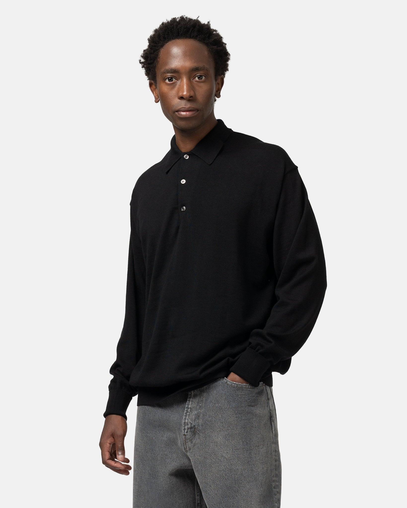 Wool Knit L/S Polo Shirts Black - 4