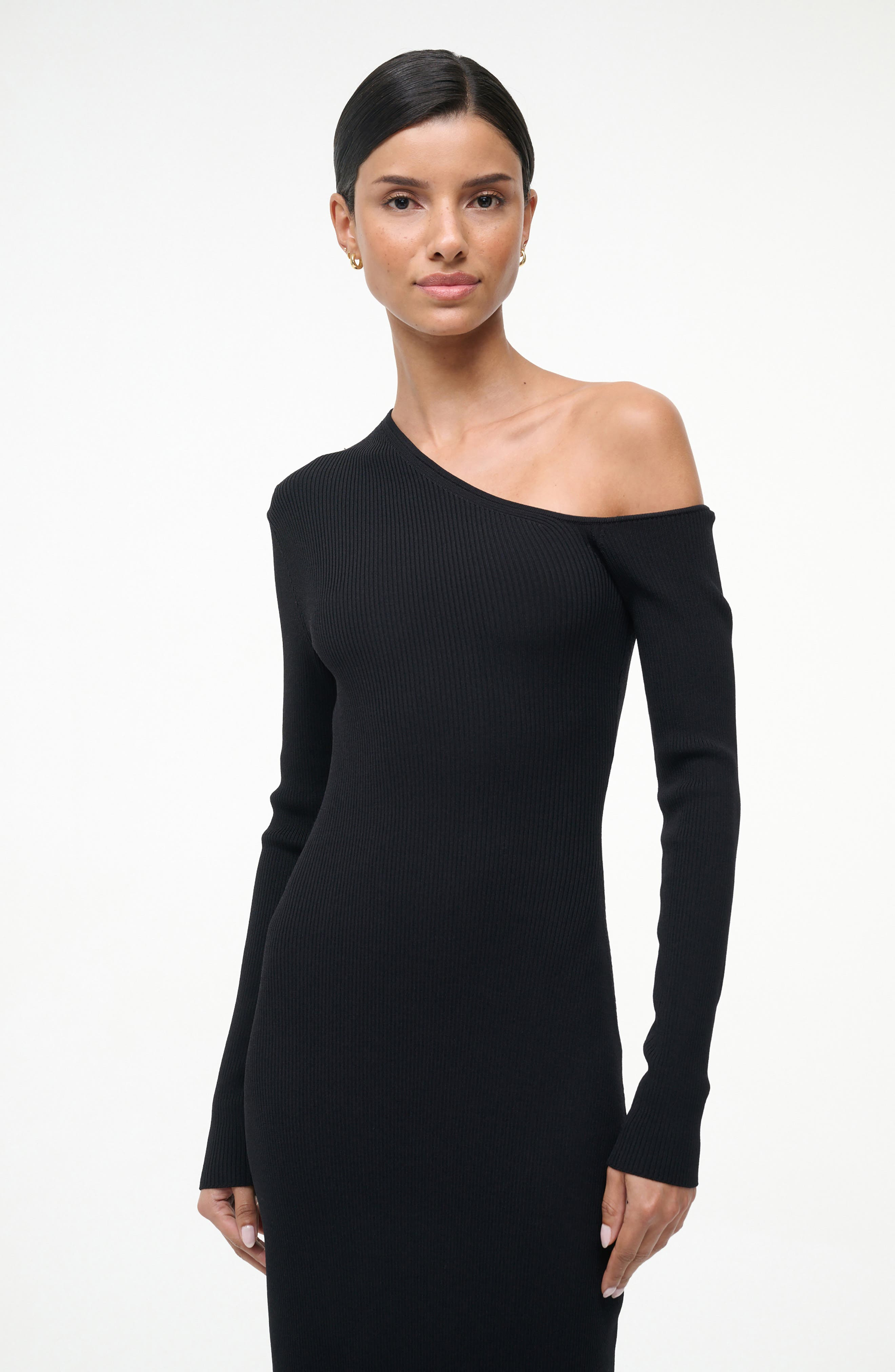 STAUD Lois One-Shoulder Long Sleeve Rib Dress in Black at Nordstrom - 3