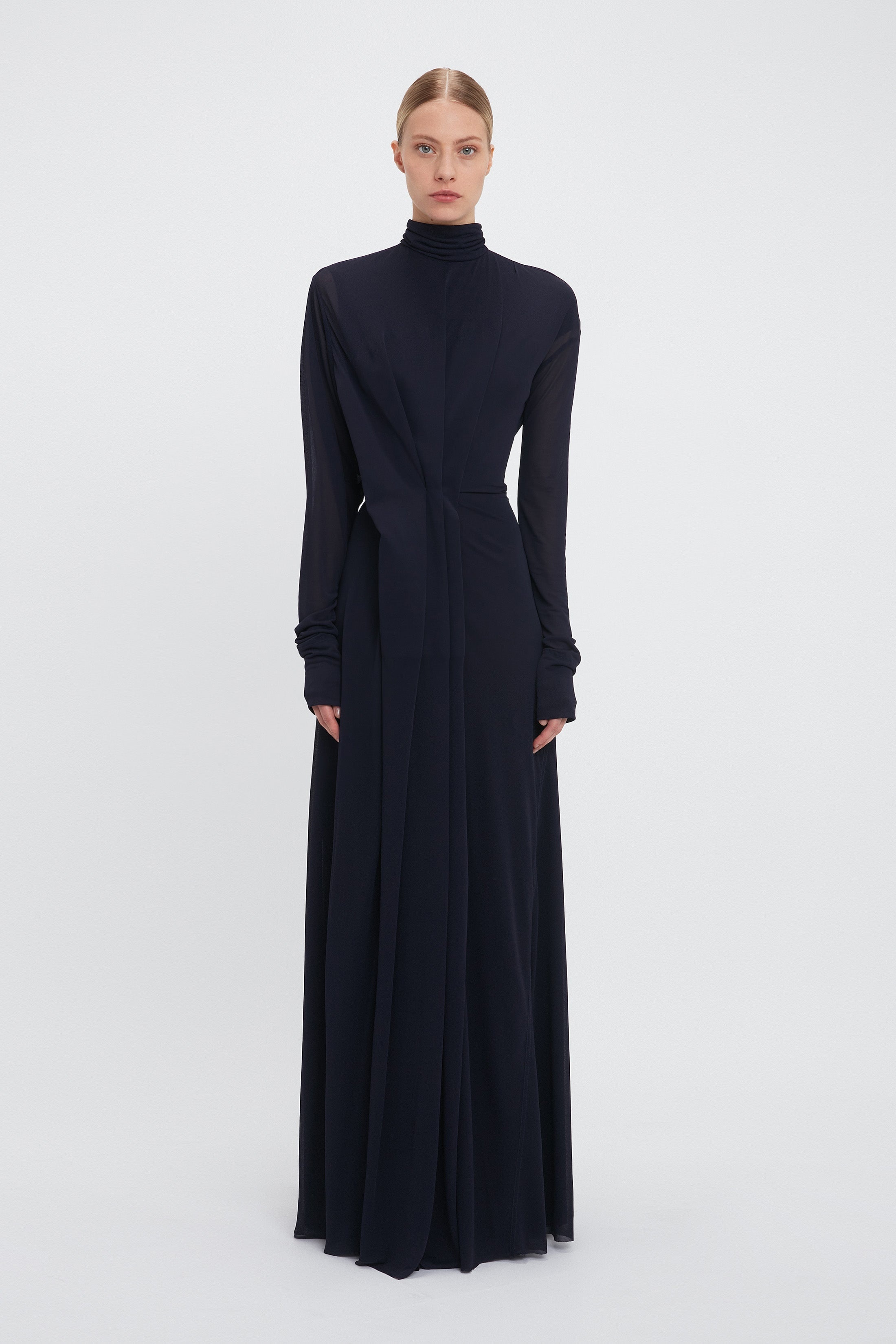 Long Sleeve Draped Jersey Floor-Length Gown In Ink Blue - 2