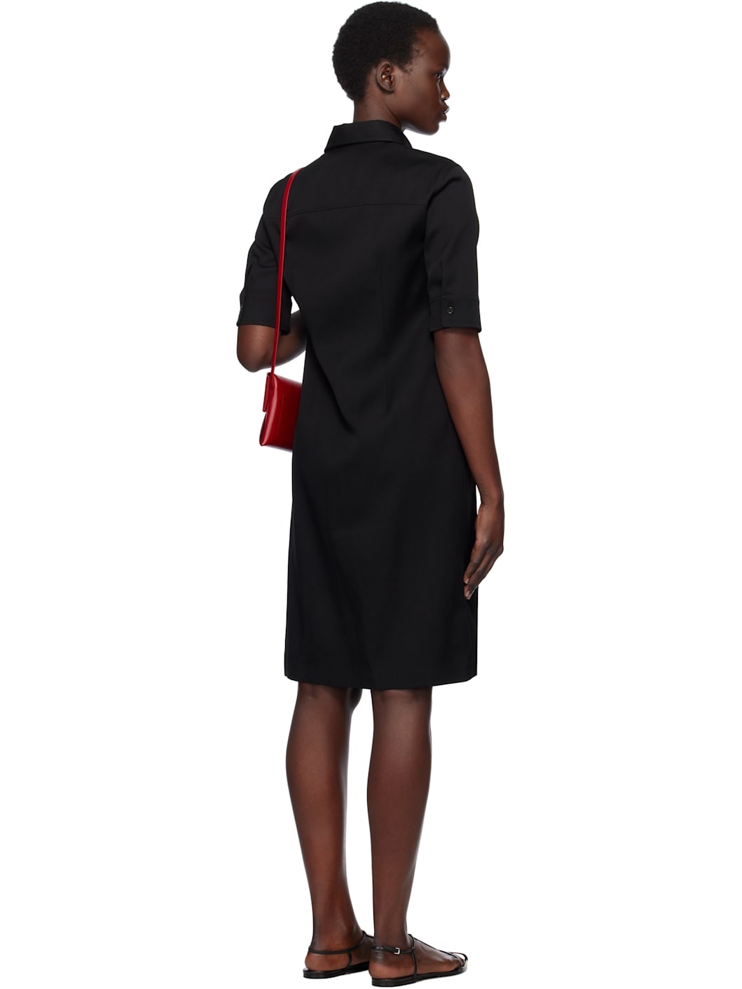 Black Lightweight Wool Gabardine Midi Dress - 3
