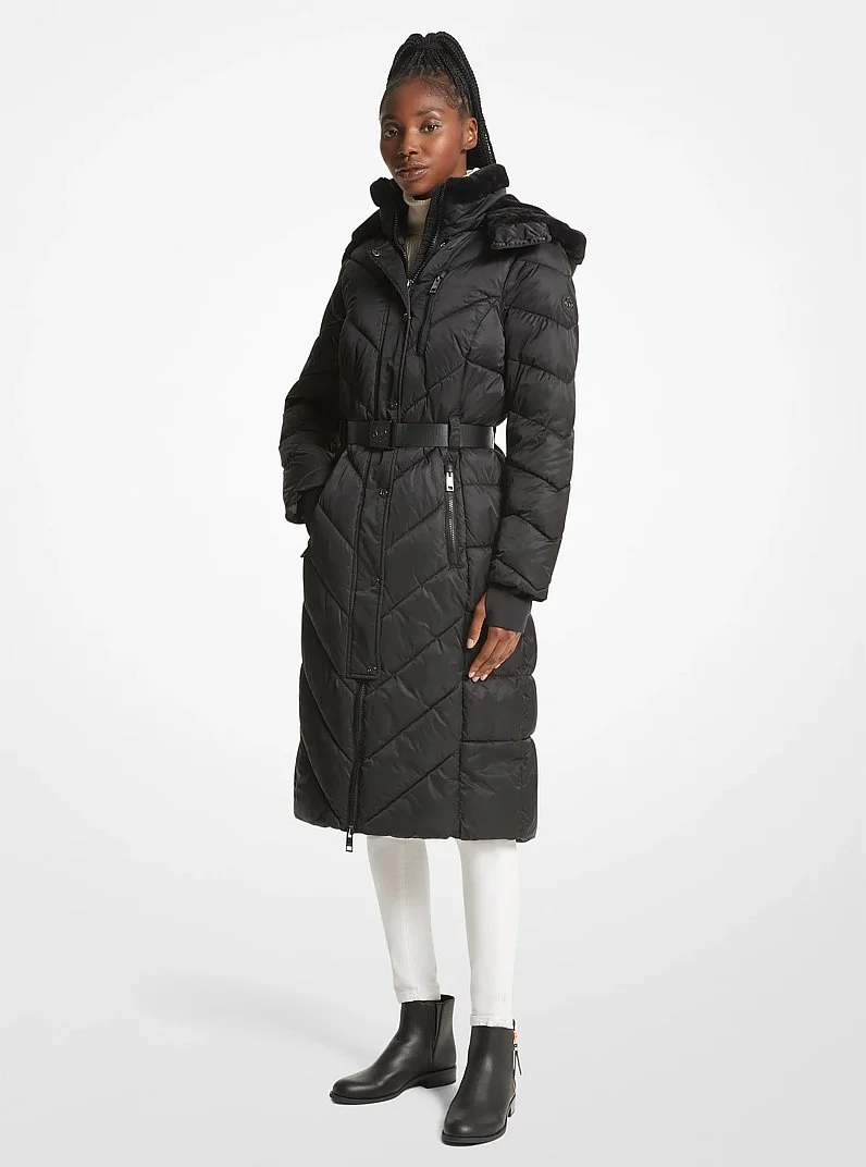 Faux Fur Trim Belted Puffer Coat - 1