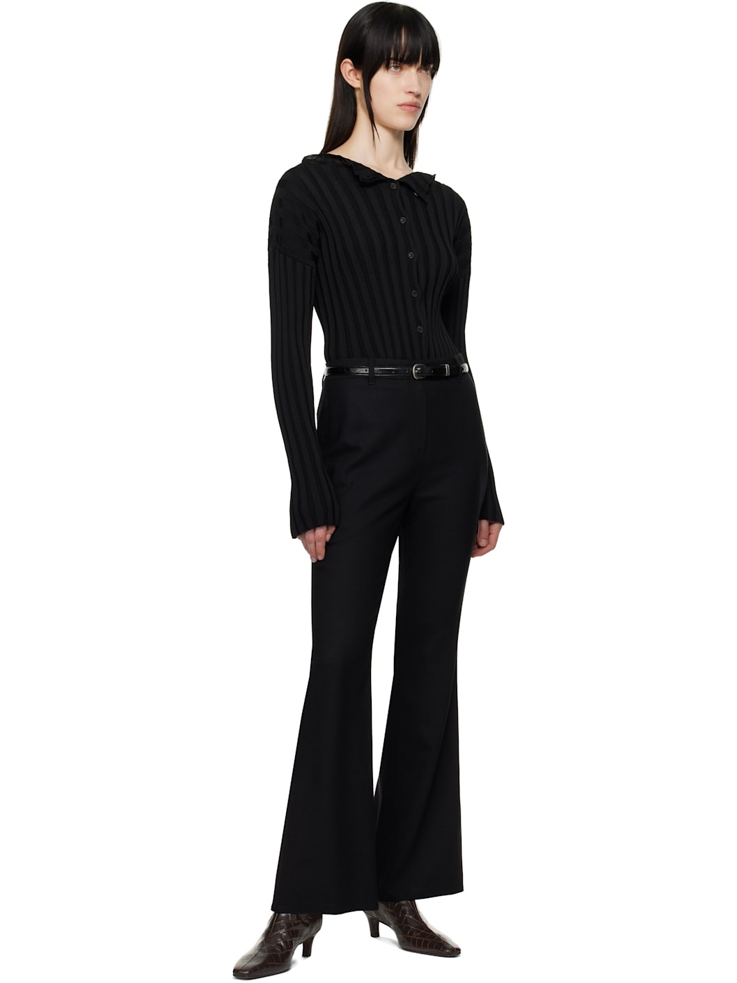 Black Ribbed Collarless Cardigan - 5