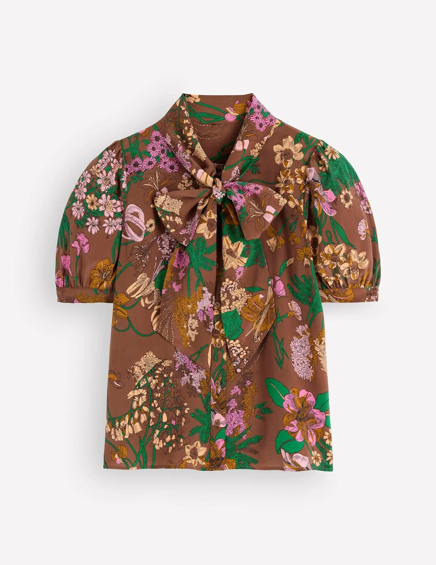 Tie Neck Silk Top-Woodland, Whimsical Flora - 1