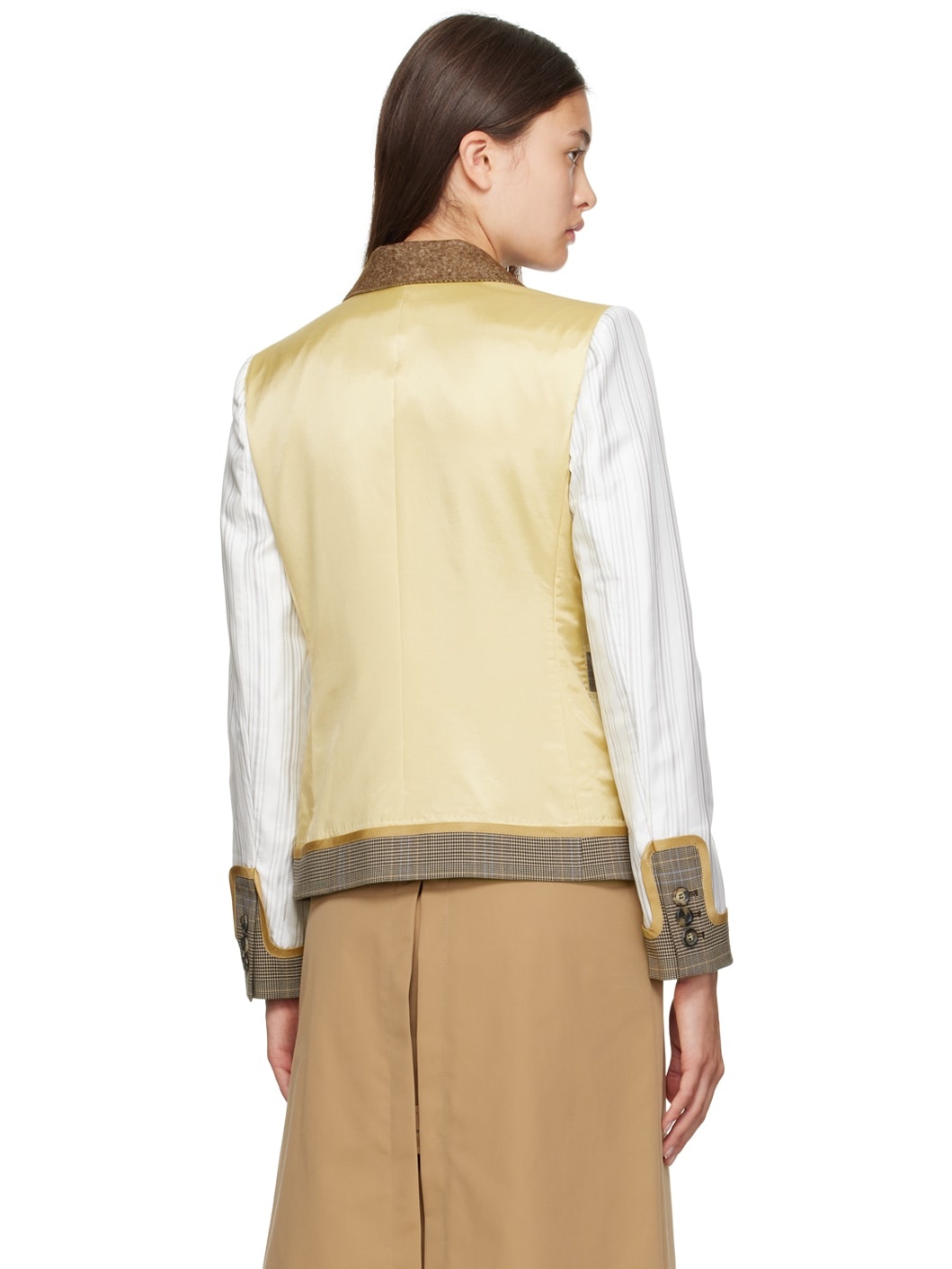 Beige & White Paneled Blazer - 3
