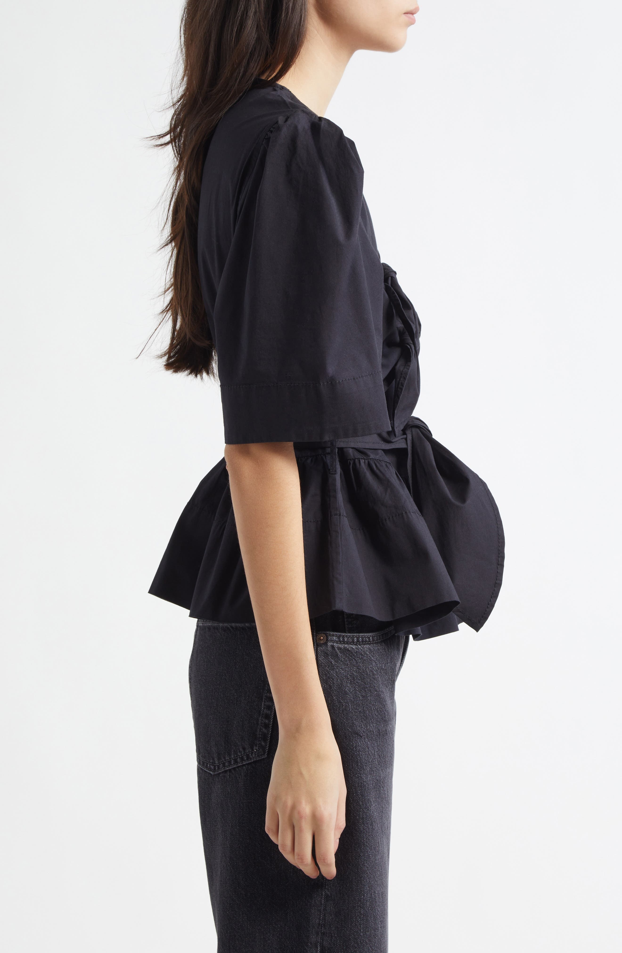 Ganni Bow Front Puff Sleeve Organic Cotton Poplin Top in Black at Nordstrom - 3