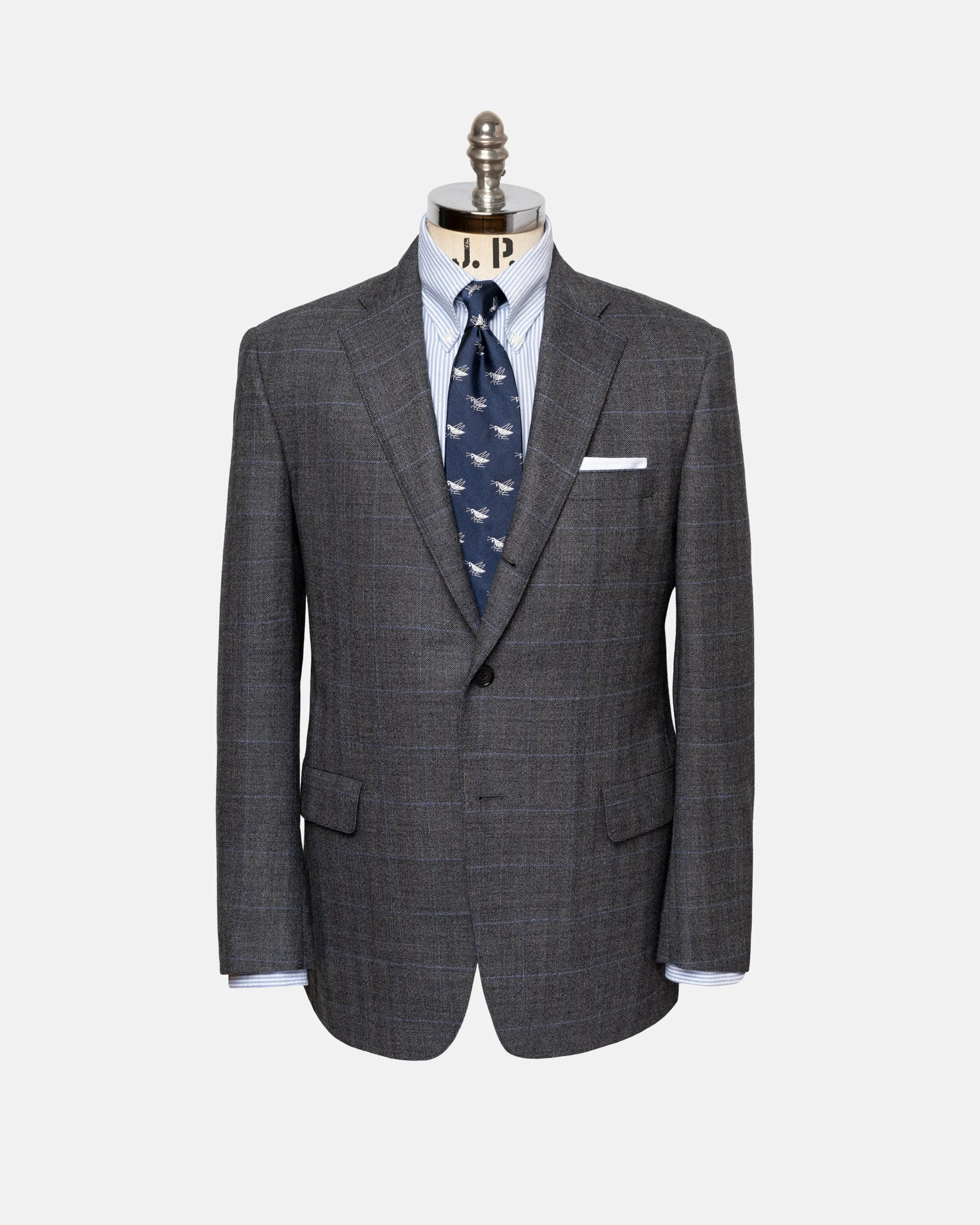 MADE-IN-USA LIGHT GREY & BLUE HERRINGBONE WITH WINDOW PANE WOOL SUIT - 1