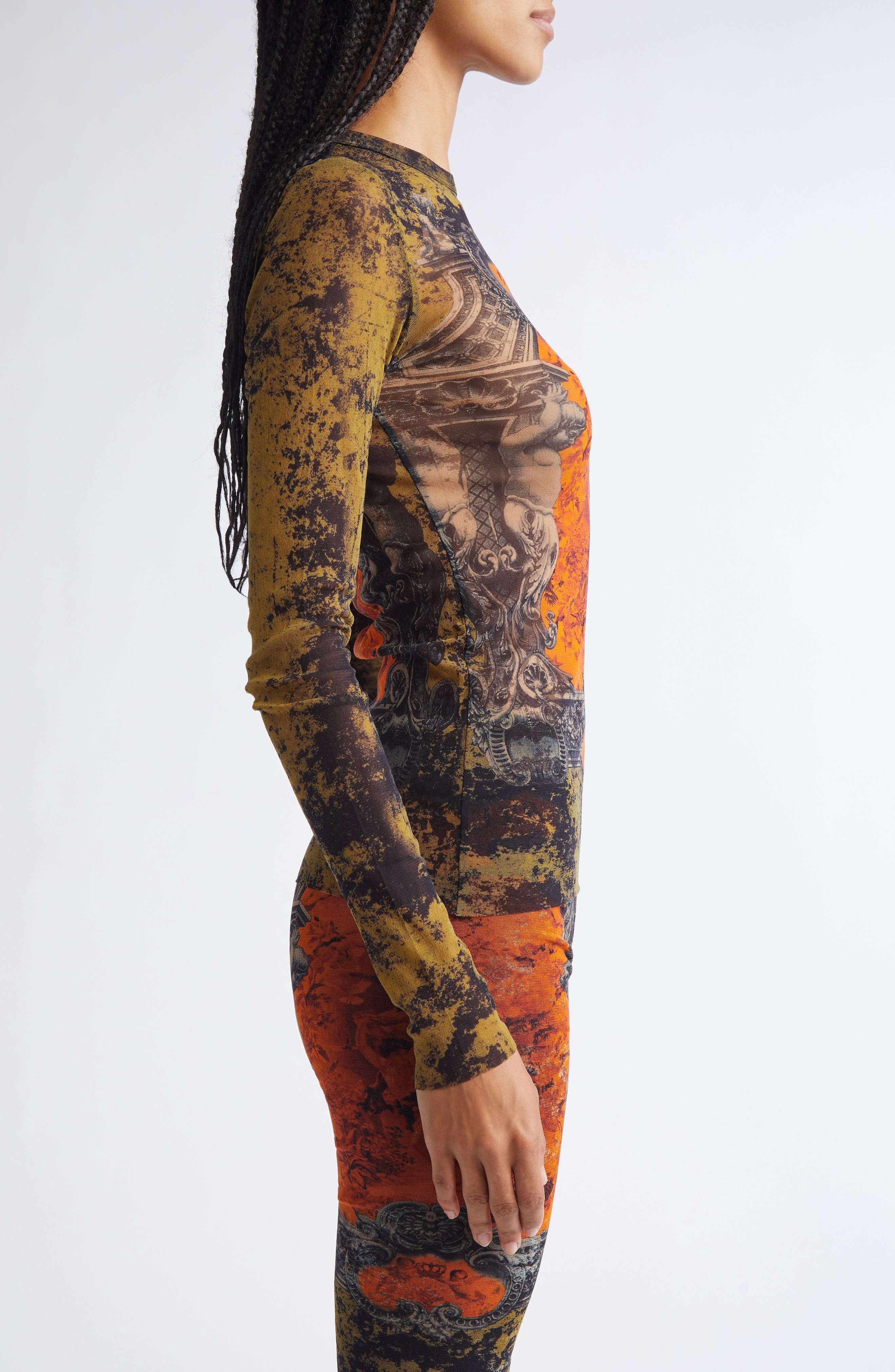 Jean Paul Gaultier Medallion Print Long Sleeve Mesh Top in Black/Khaki/Orange at Nordstrom - 4