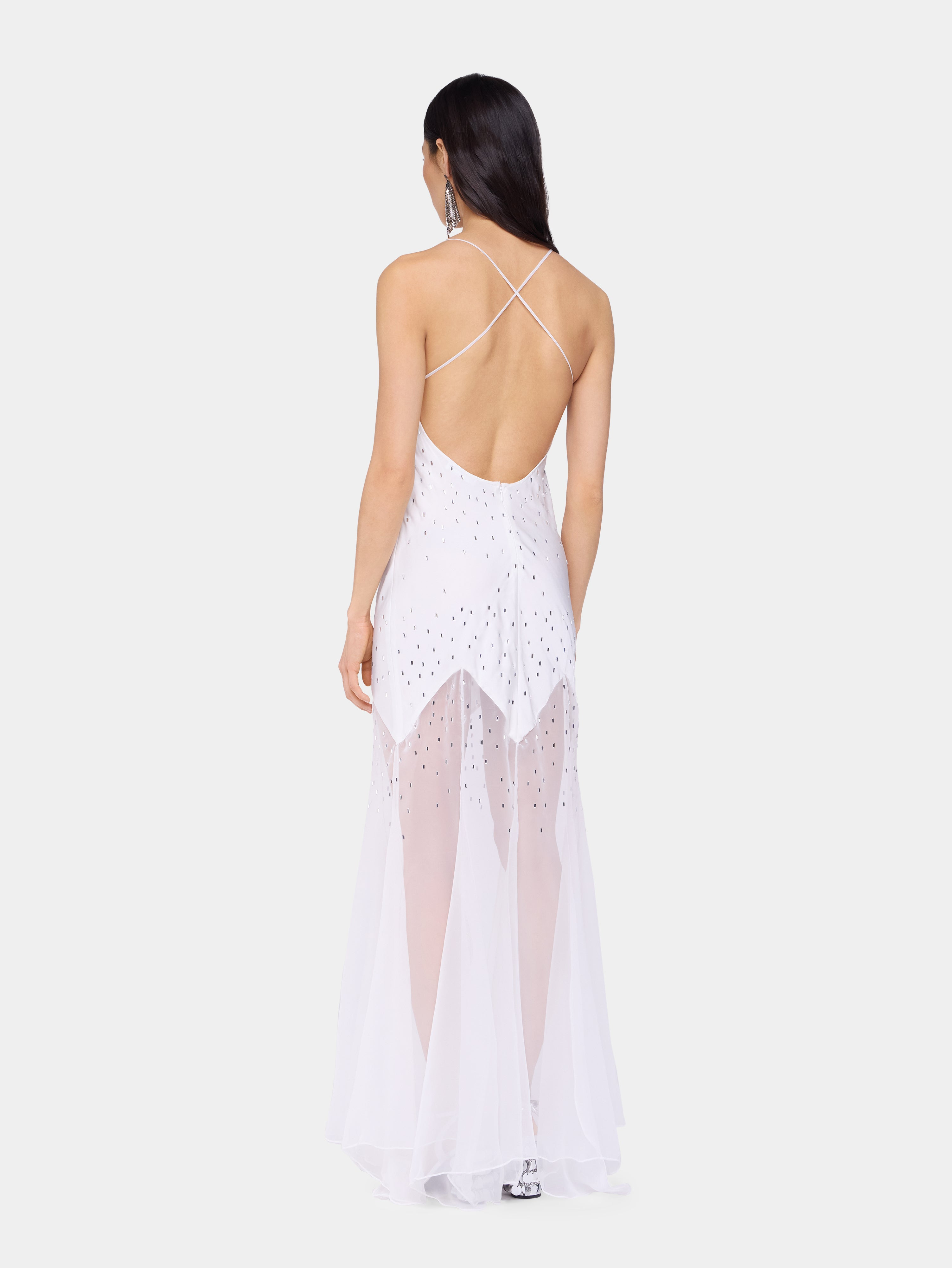 WHITE LONG DRESS SLEEVELESS IN MUSLIN AND SATIN - 5